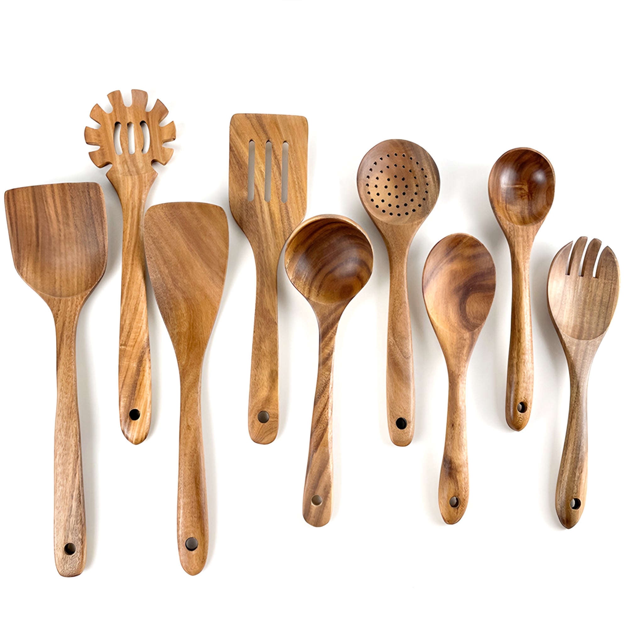 SUGIFT 9-Piece Natural Teak Wooden Kitchen Utensils Set