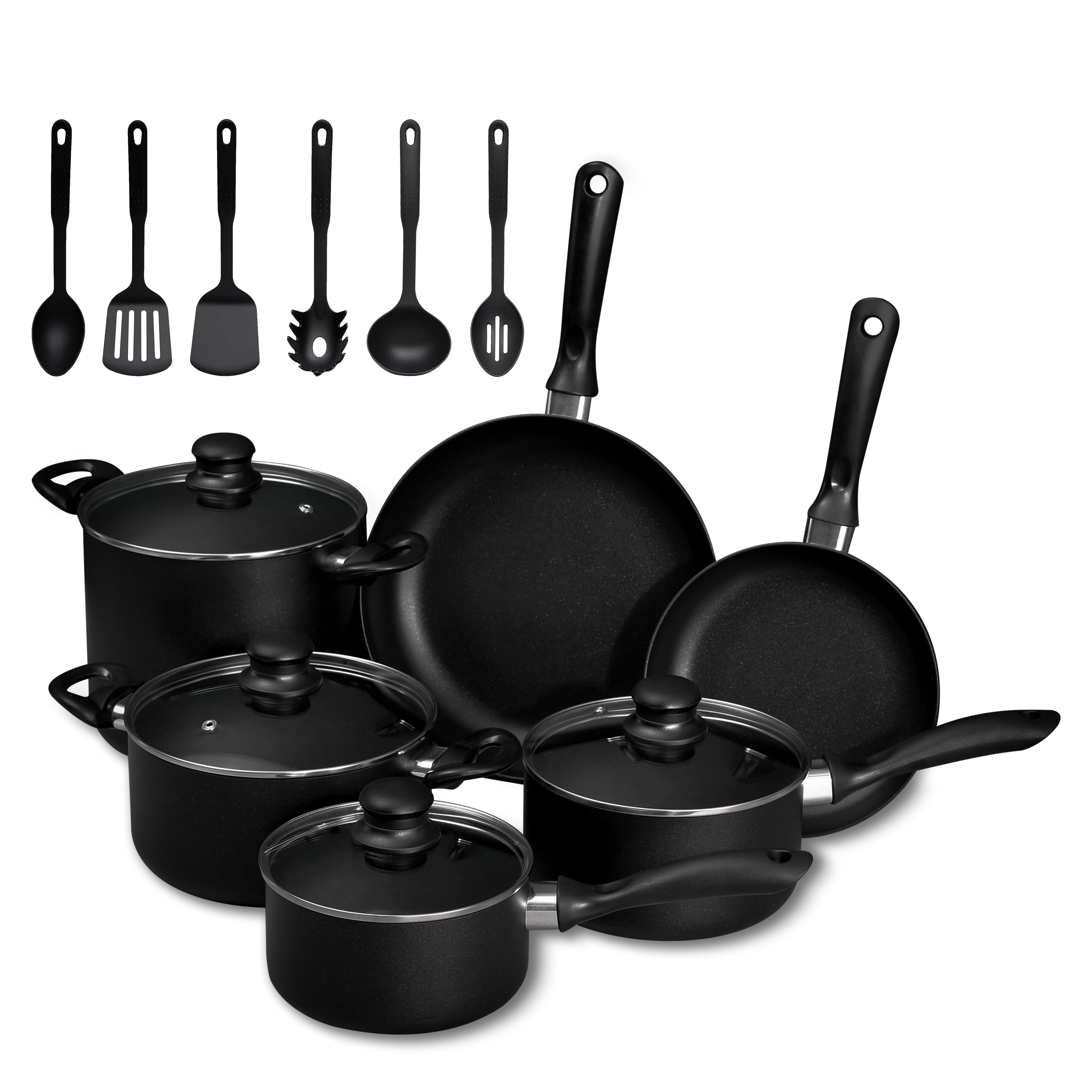16-Piece Black Non-Stick Aluminum Kitchen Cookware Sets with Kitchenware