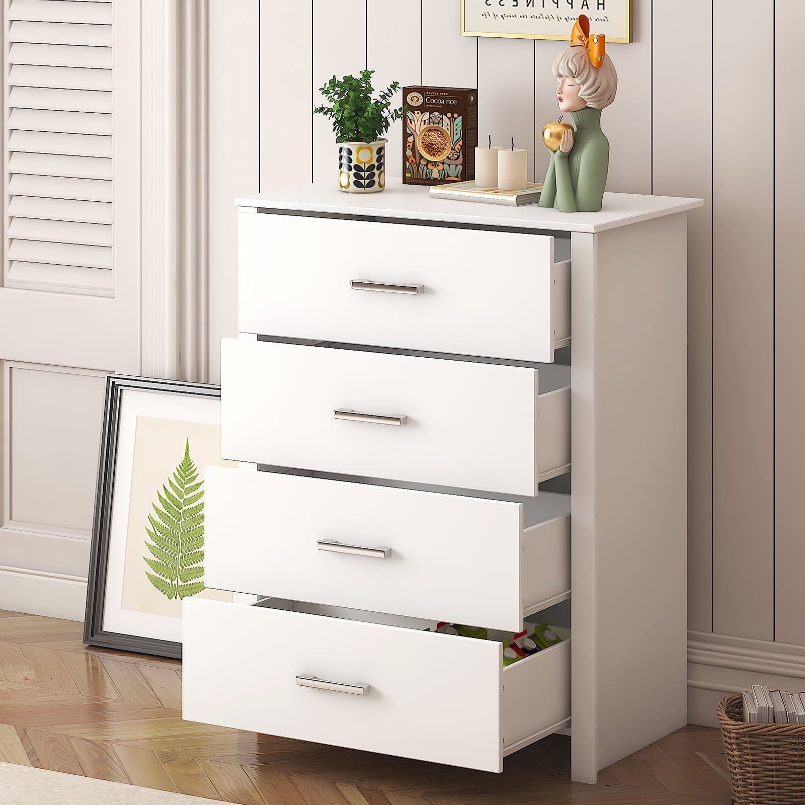 Vebreda 4 Drawer White Dresser for Bedroom Modern Chest of Drawers Wood Storage Cabinet for Living Room Kitchen Office