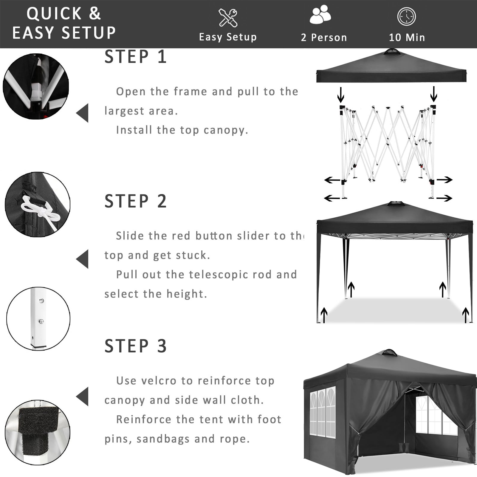 10x10 Canopy Tent Instant Pop-Up Canopy with 4 Sidewalls for Patio Backyard Garden Party Black