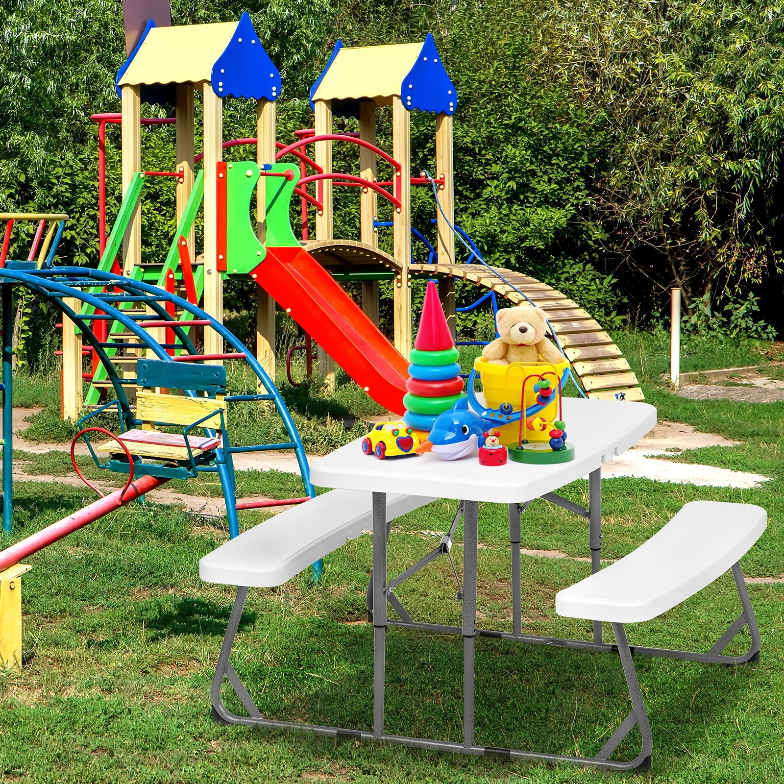 SUGIFT Kids Picnic Table Folding Plastic Table and Benches - Seating for 4 Kids