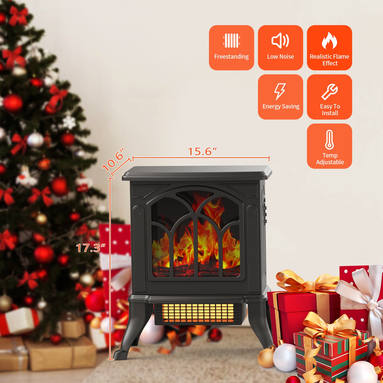 16in 1500W Electric Fireplace 3D Flame Space Heater, Stove Heater