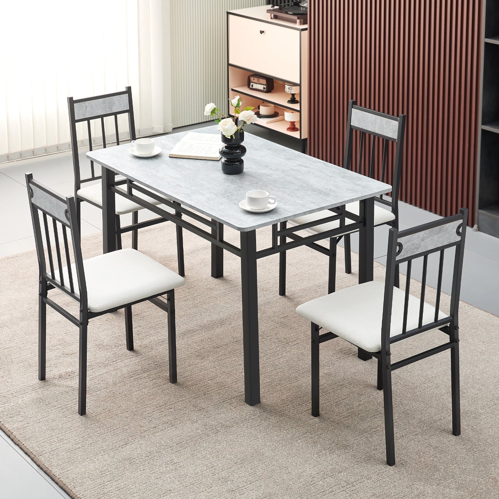 SUGIFT Dining Table Set for 4 Kitchen Room Table Set with Metal Frame and Padded Seat Dining Table and Chairs Set of 4 Space Saving