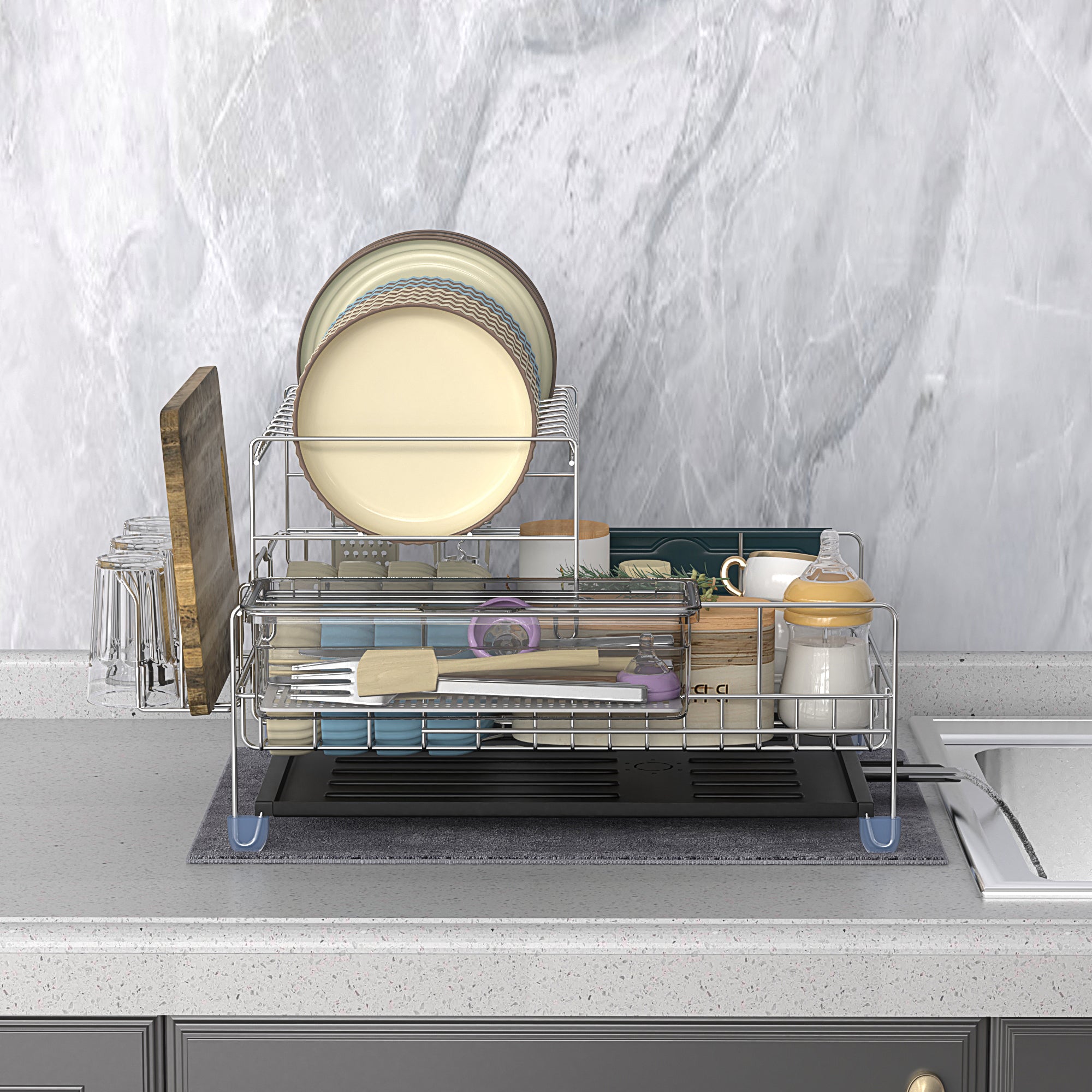 2-Tier Detachable Dish Drying Rack with Cutlery Box and Cup Holder
