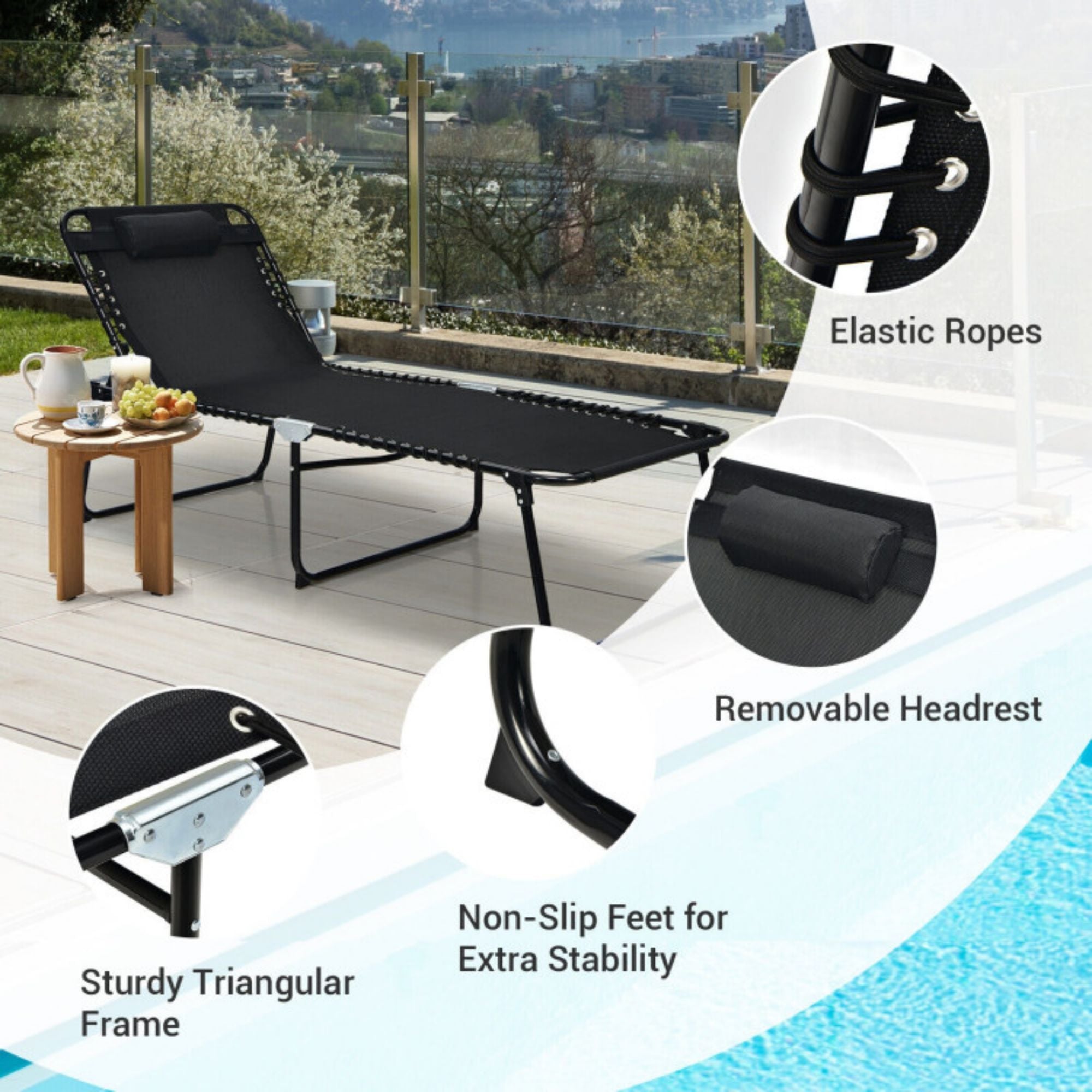 SUGIFT 4 Position Folding Lounge Chaise with Adjustable Backrest and Footrest