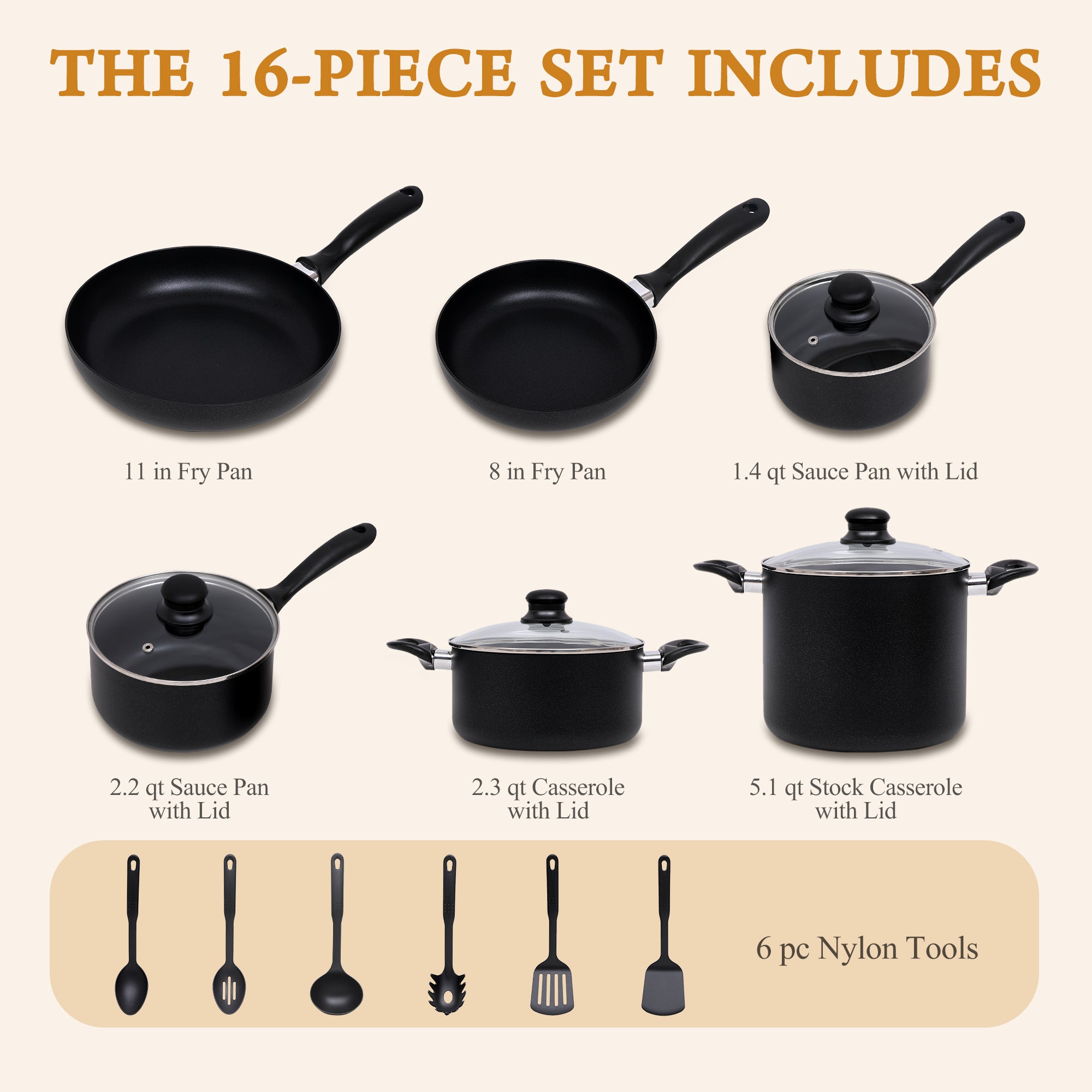 16-Piece Non-Stick Aluminum Kitchen Cookware Sets with Kitchenware
