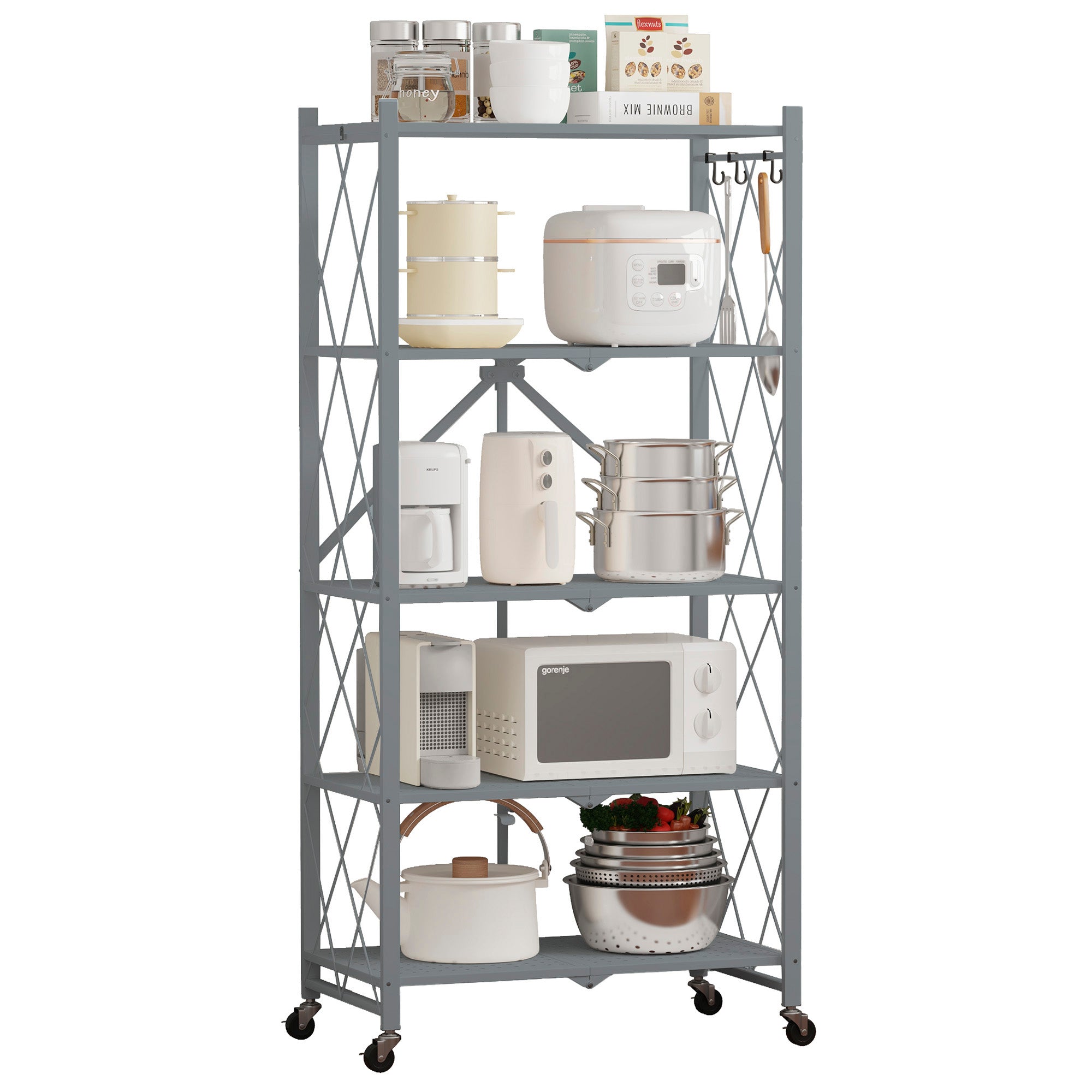 SUGIFT 5-Tier Folding Storage Shelves Metal Folding Shelves with Wheels, 750Lbs Capacity, Grey