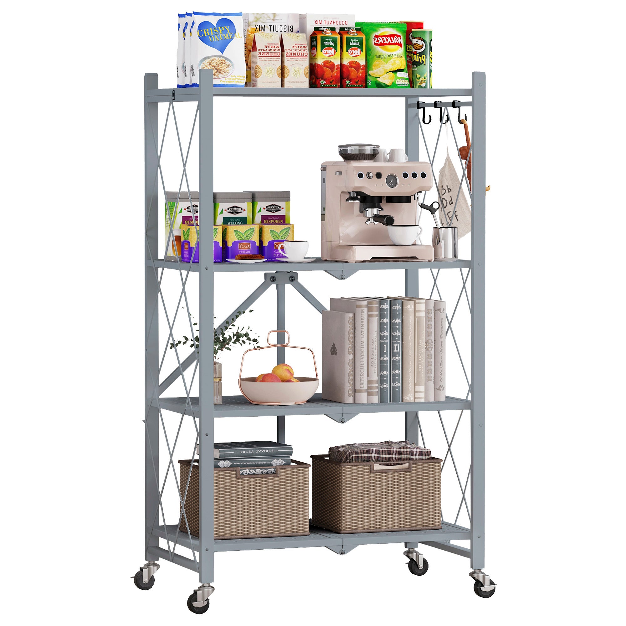 SUGIFT 4-Tier Folding Storage Shelves Metal Folding Shelves with Wheels, 600Lbs Capacity, Grey