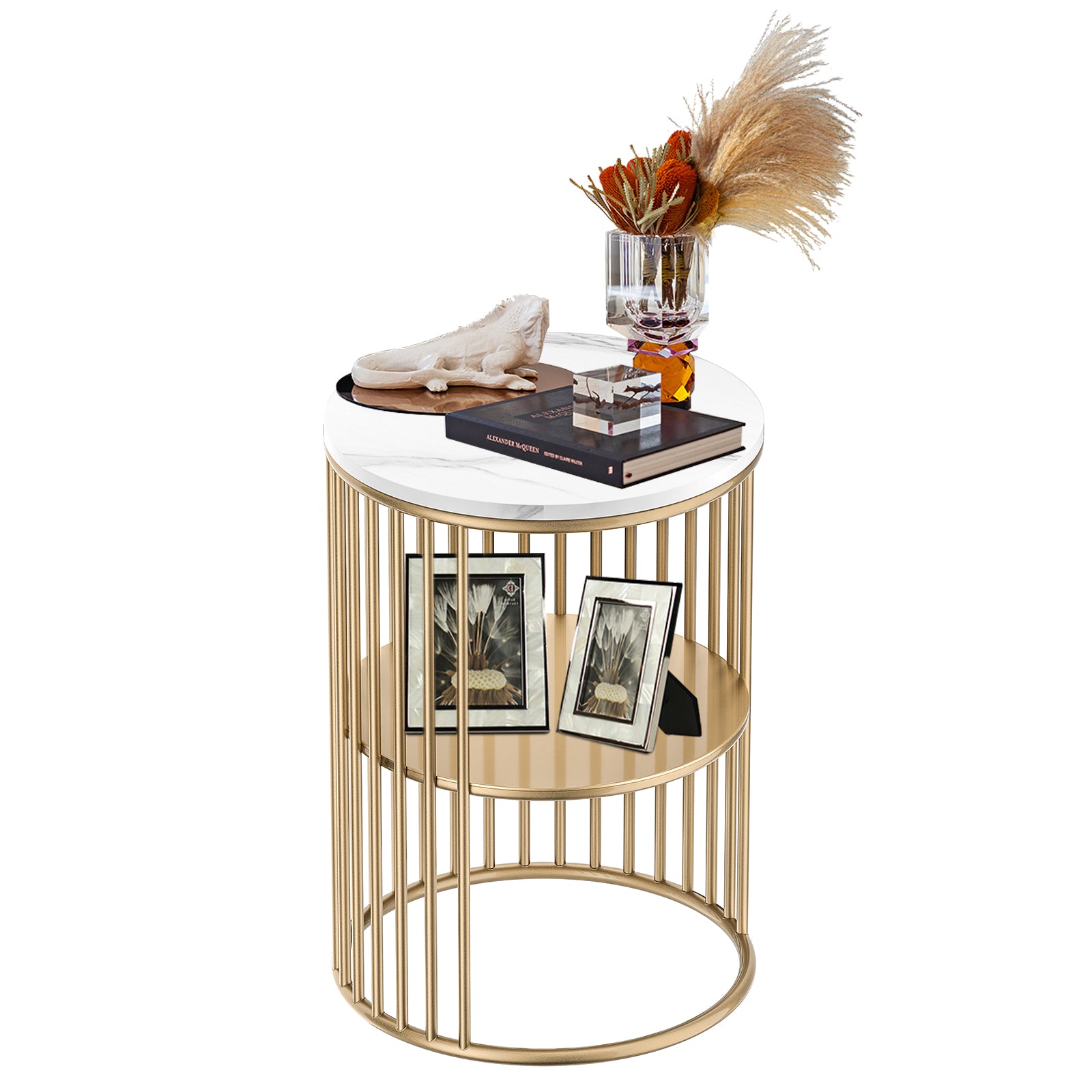 15.8 Inch Marble Top Round Side Table with Golden Metal Frame