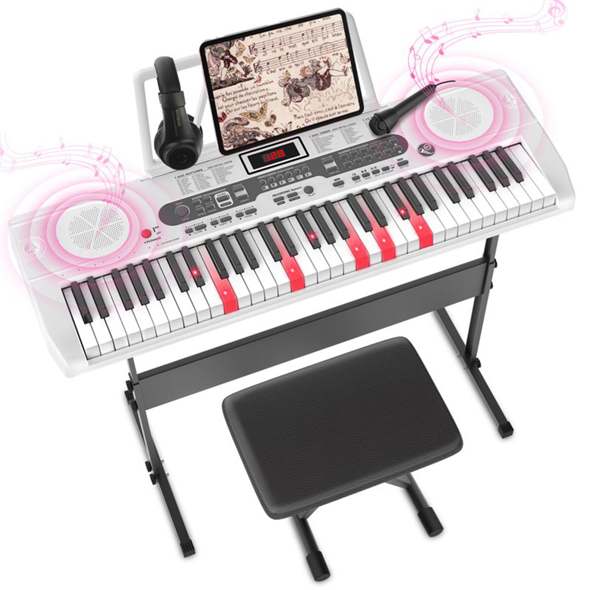 White 61 Keys Keyboard Piano, Electric Digital Piano Set with Stand, Bench, Headphones, Built-in Speakers