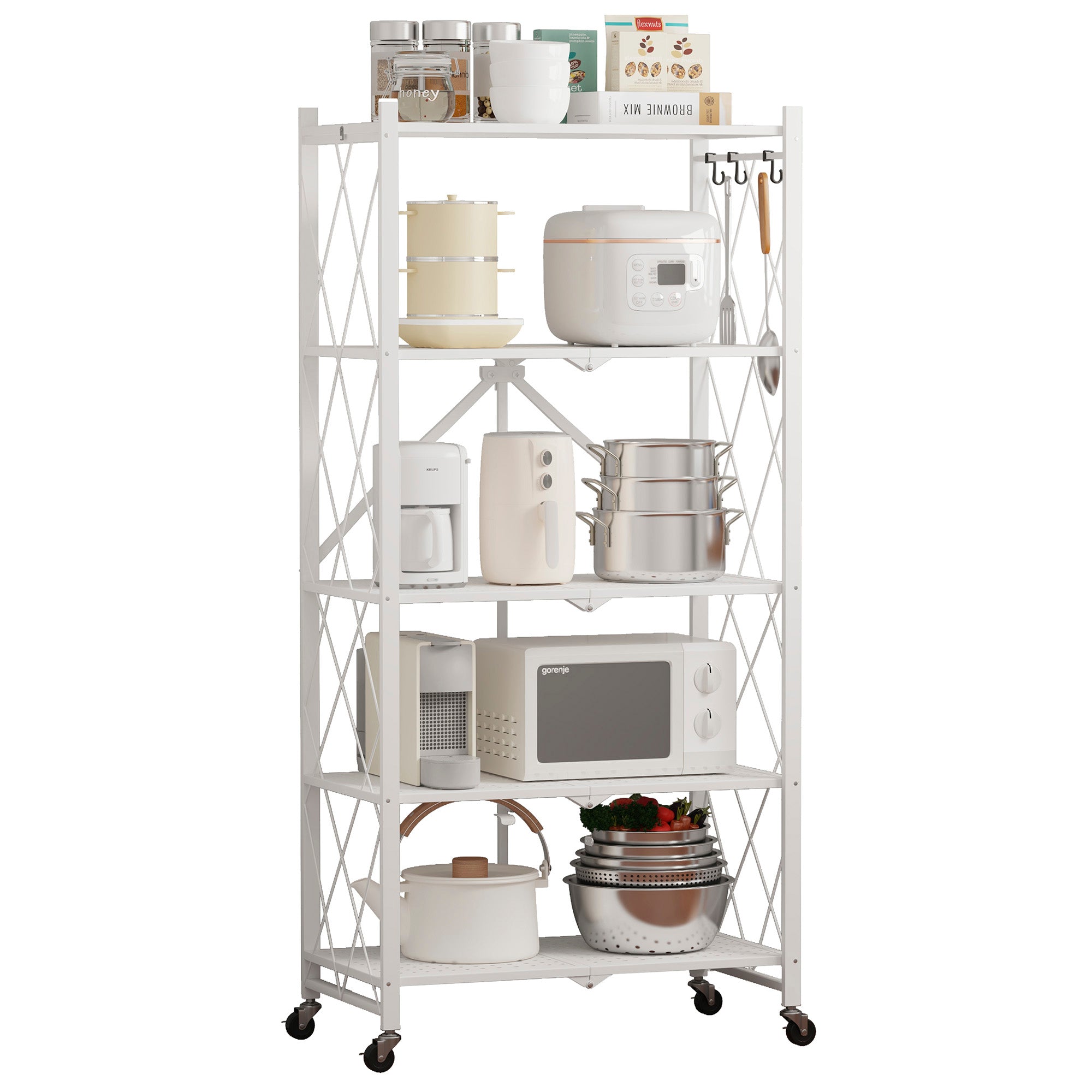 SUGIFT 5-Tier Folding Storage Shelves Metal Folding Shelves with Wheels, 750Lbs Capacity, White