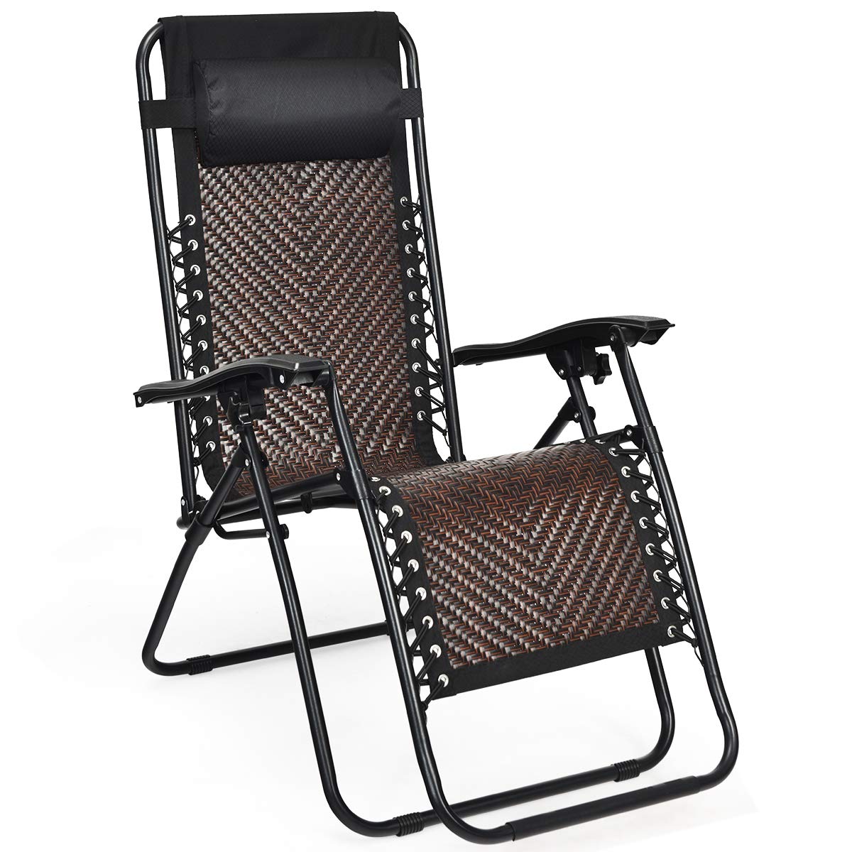 SUGIFT Folding Rattan Zero Gravity Lounge Chair with Removable Head Pillow
