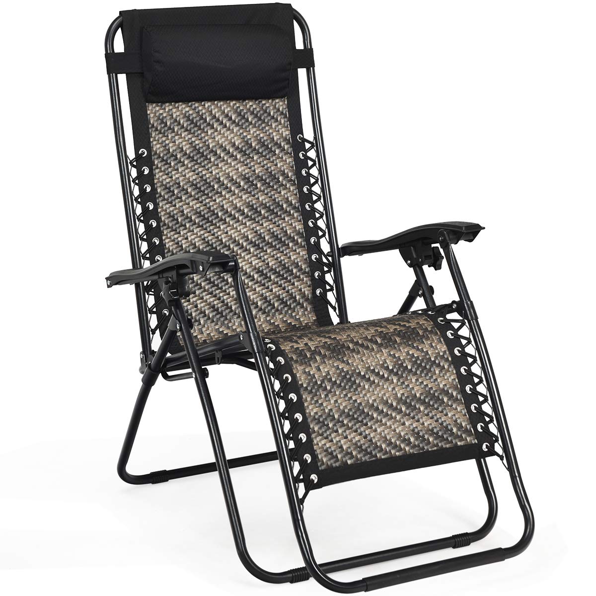 SUGIFT Folding Rattan Zero Gravity Lounge Chair with Removable Head Pillow