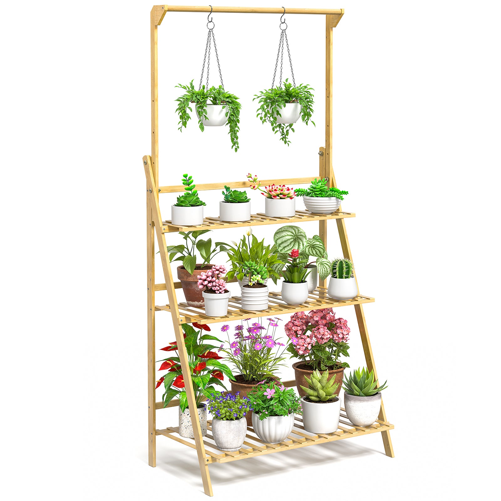 3-Tier Bamboo Hanging Plant Stand Planter Shelves Flower Pot Organizer Rack Folding Display Shelving