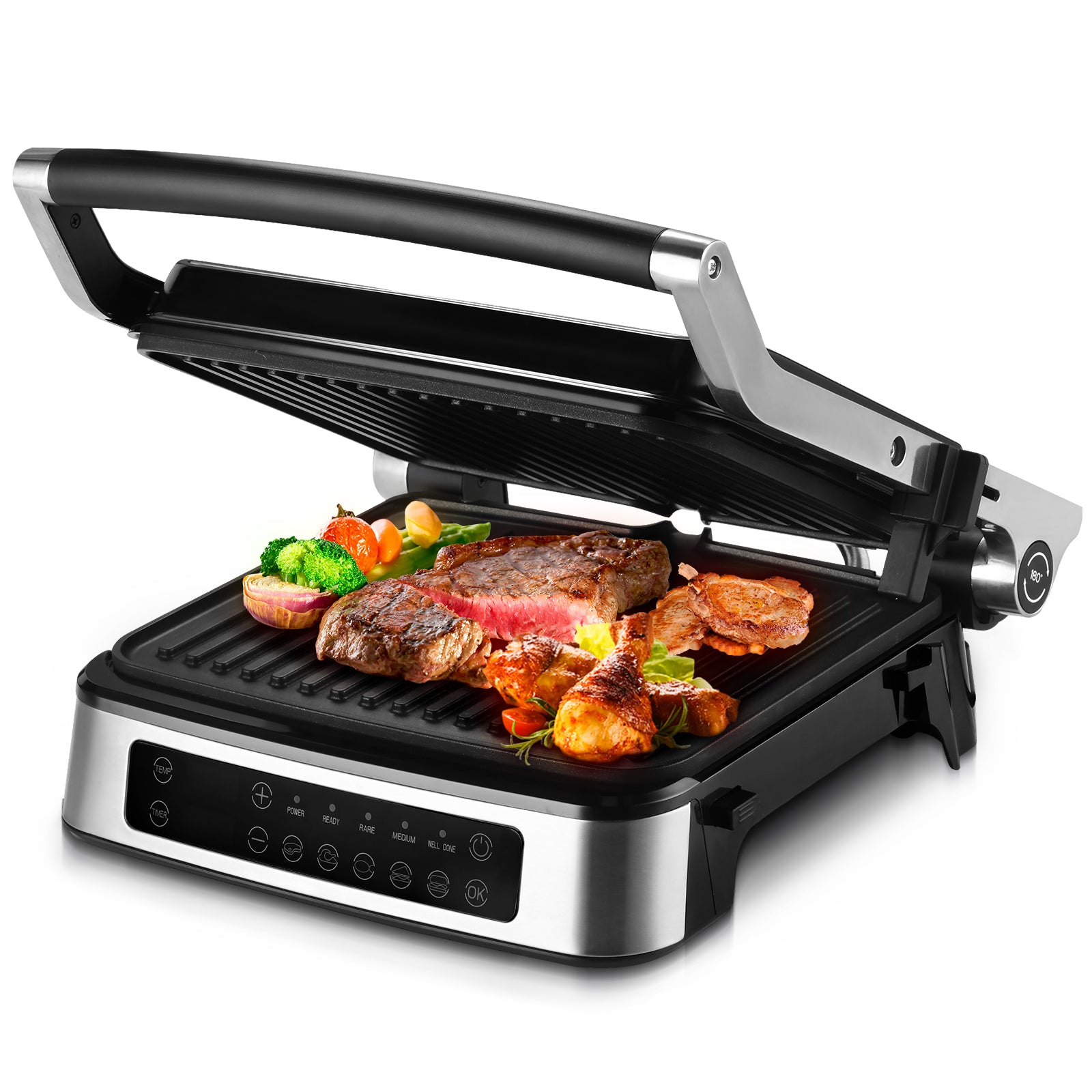 3-in-1 Electric Panini Press Grill with LED Display and 5 Auto Modes for Indoor & Outdoor