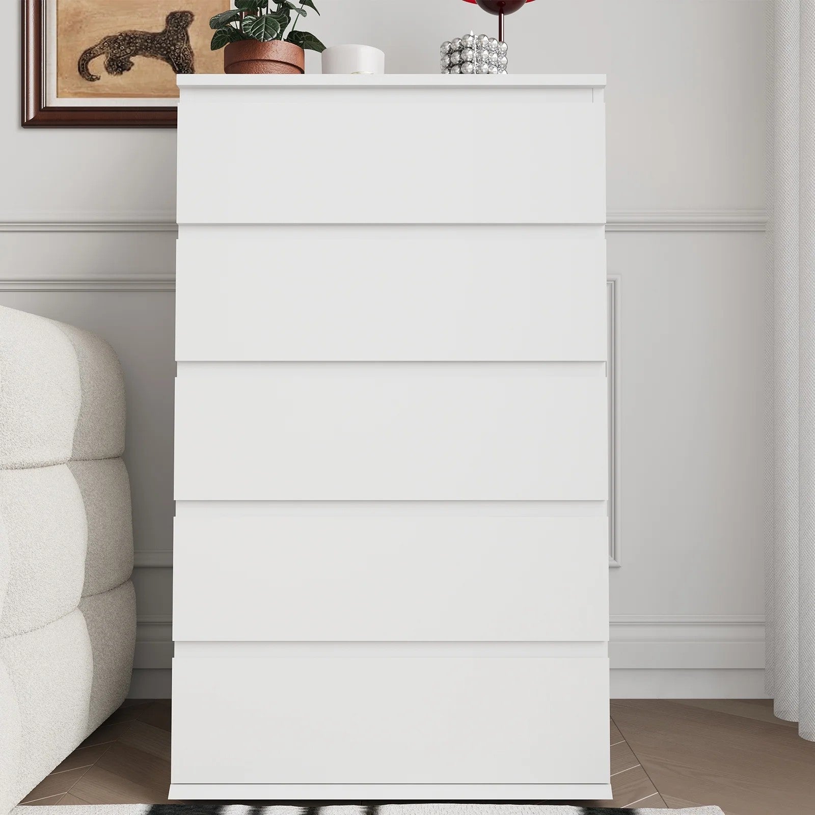 White Wood 5 Drawer Dresser Modern Chest for Bedroom and Living Room