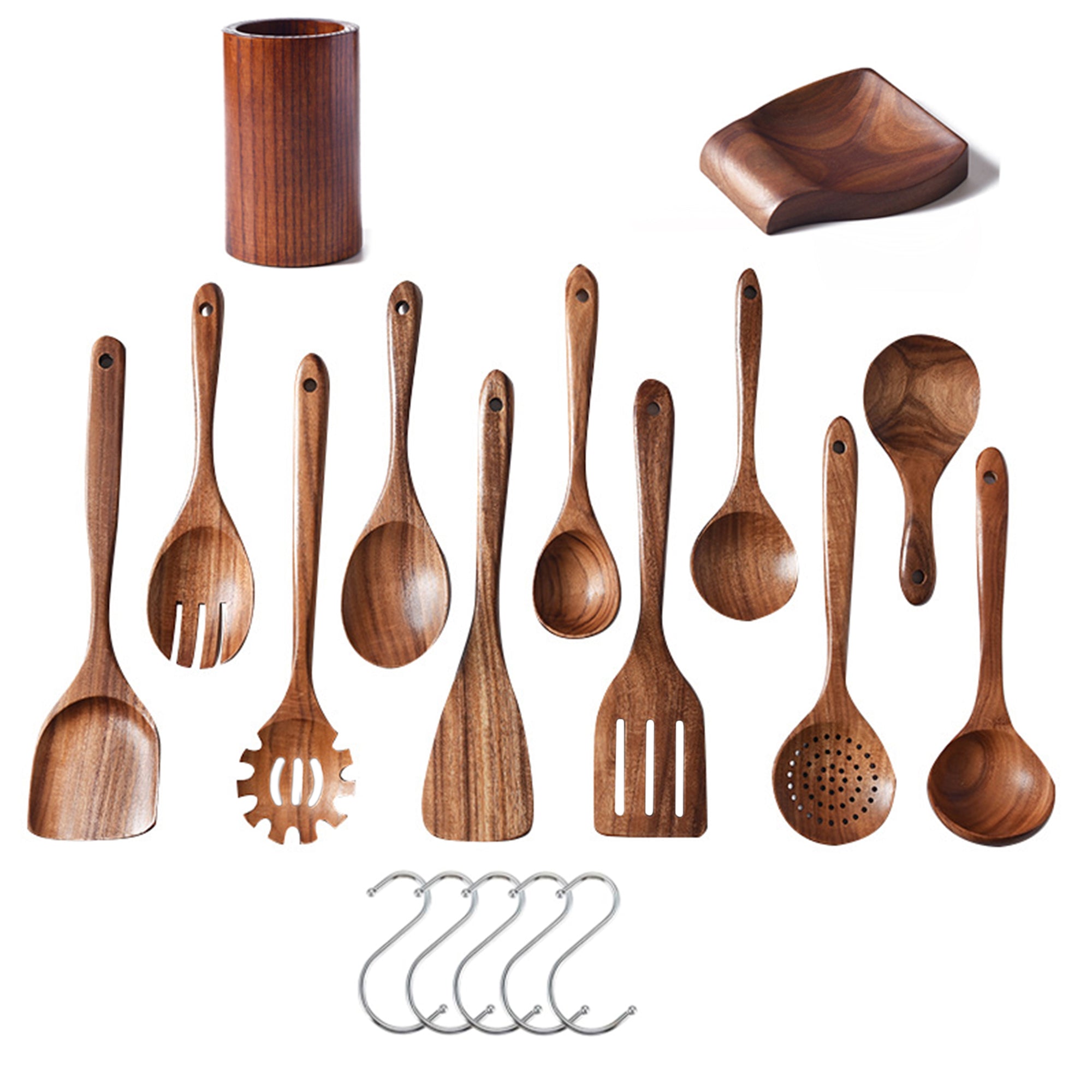 SUGIFT 13-Piece Wooden Cooking Utensil Set with Holder, Spoon Rest, and Hooks