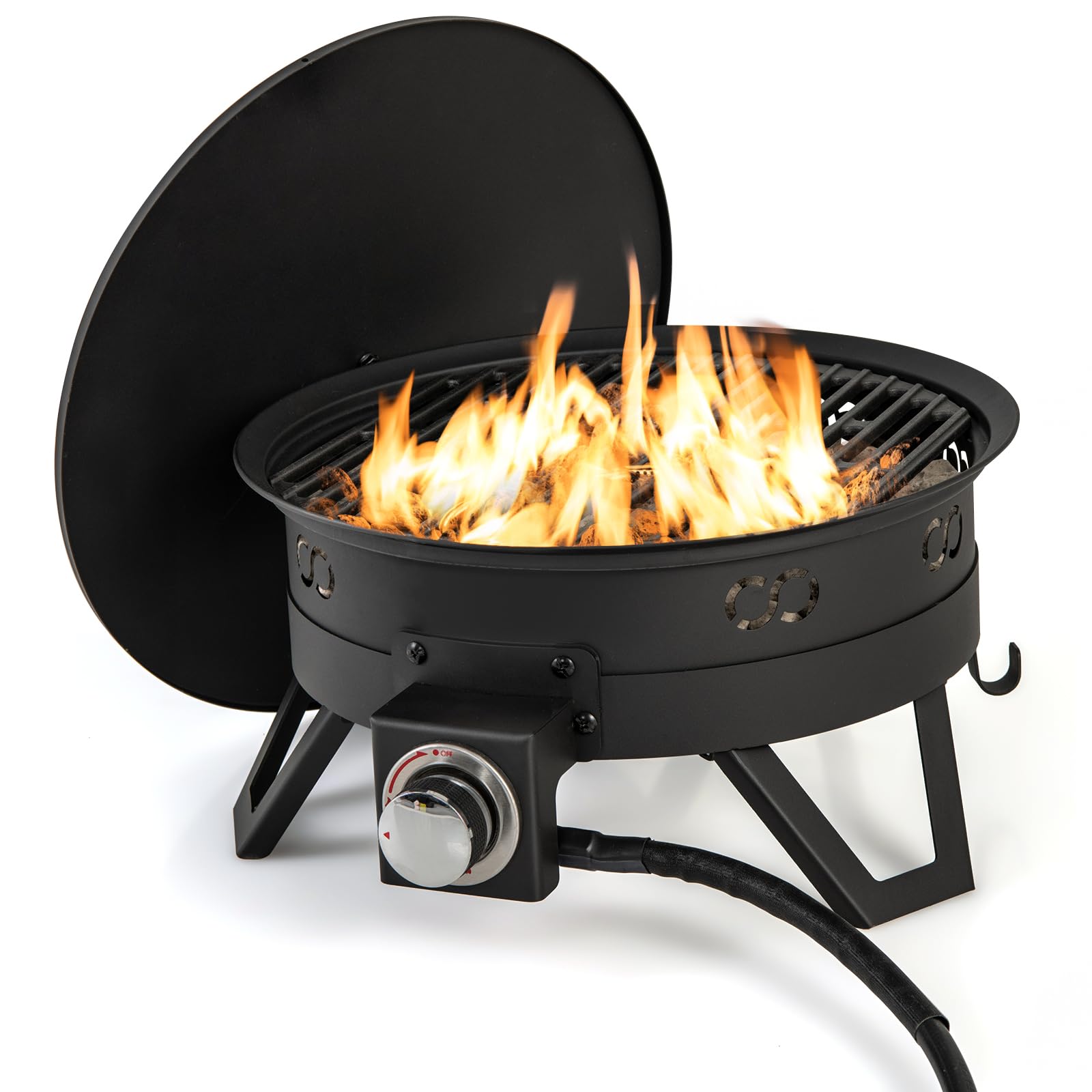 17 Inch Portable Gas Fire Pit with Folding Legs and Removable Grill for Camping-Black