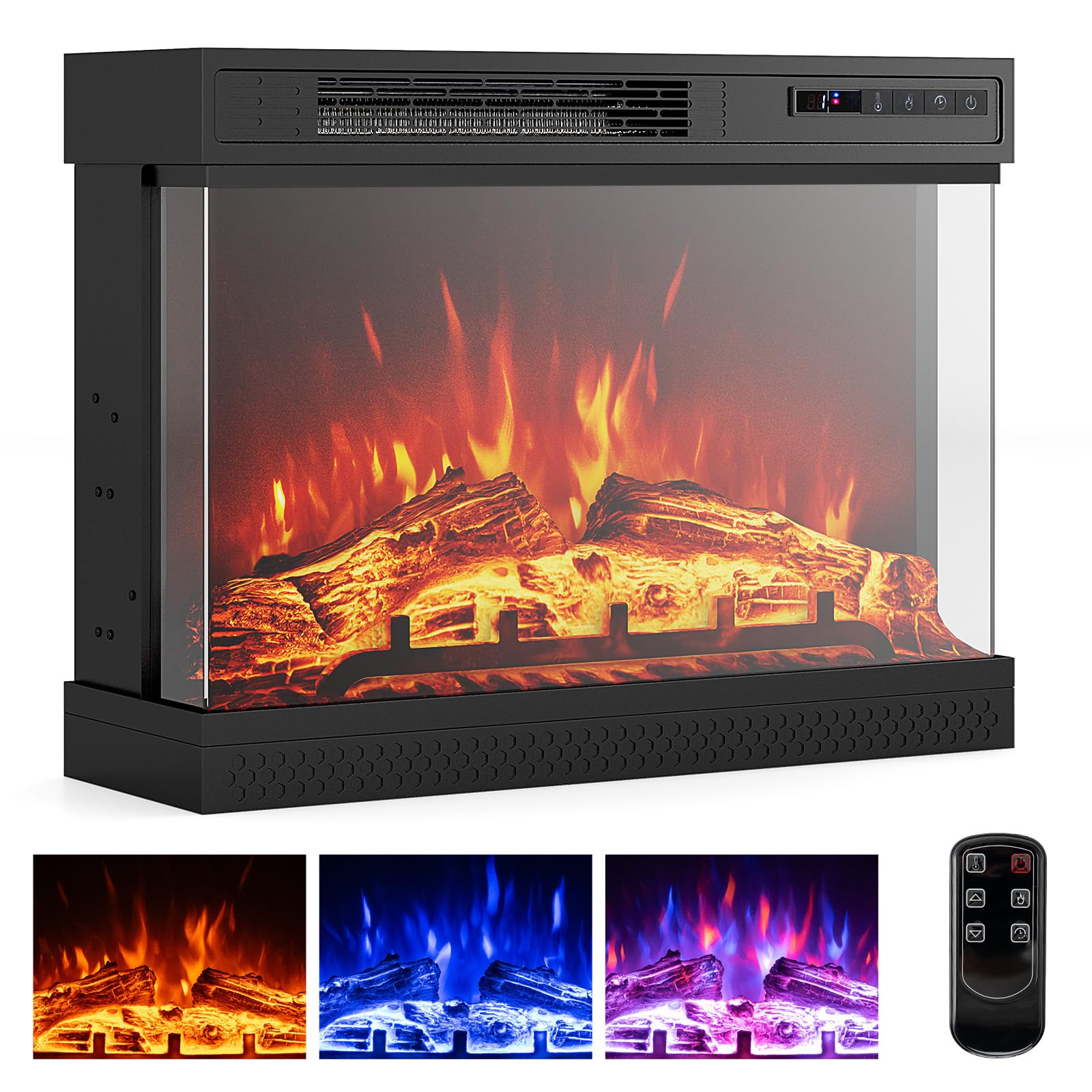 24 Inches 3-Sided Glass Electric Fireplace Heater with Remote Control