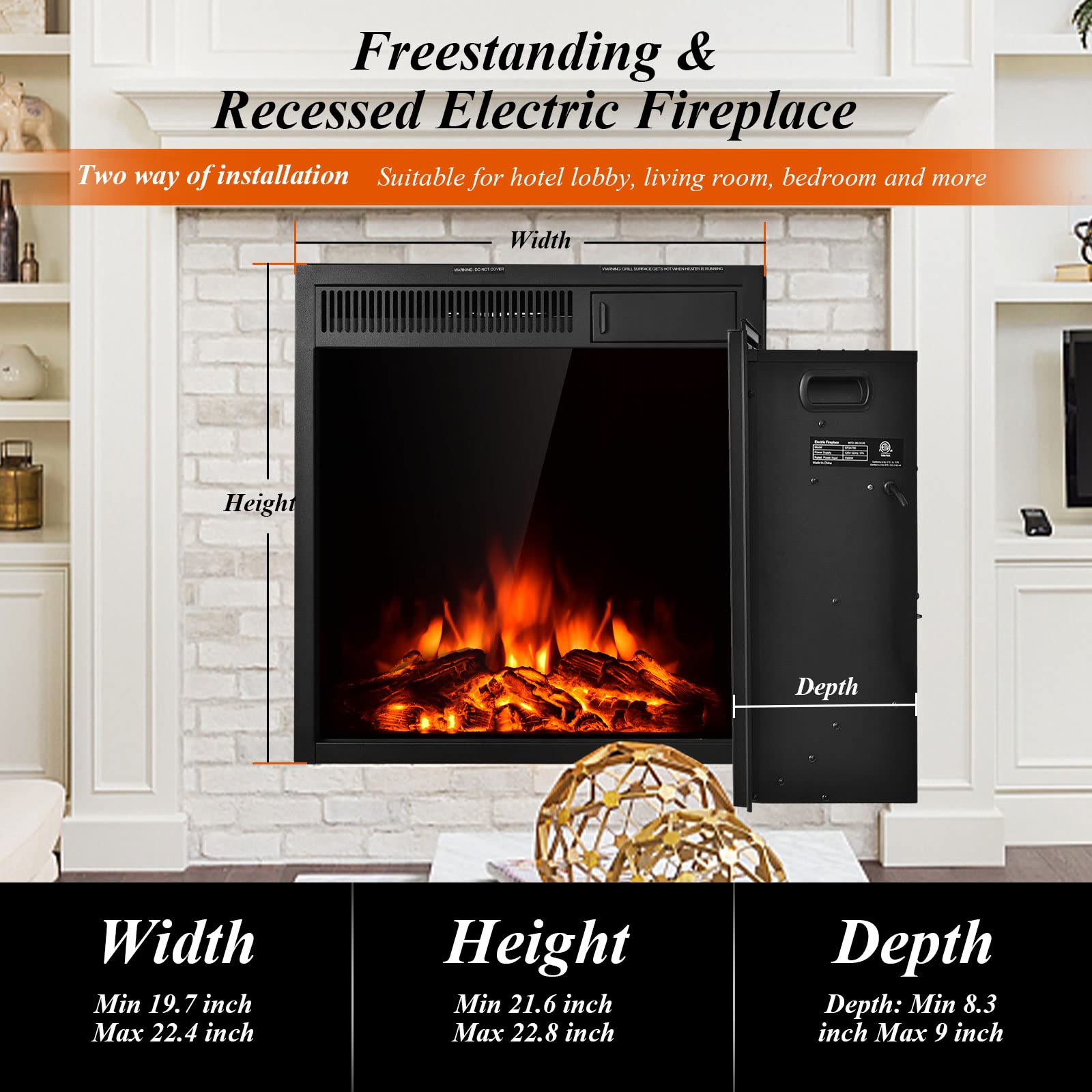 22.5 Inch Electric Fireplace Insert Freestanding and Recessed Heater