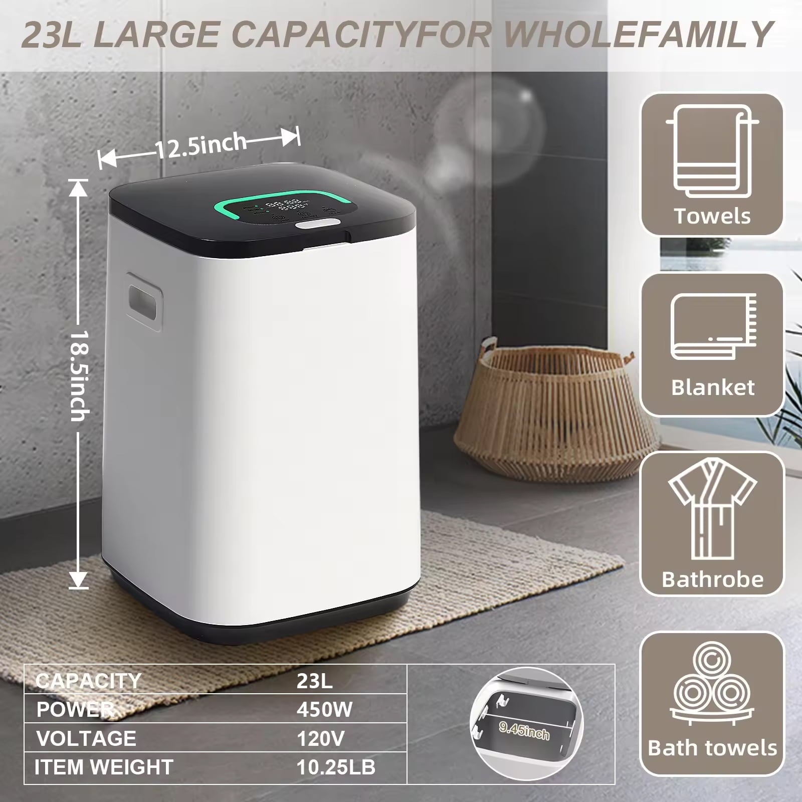 23L Luxury Towel Warmer Bucket with LED Light and Auto Shut Off for Bathroom