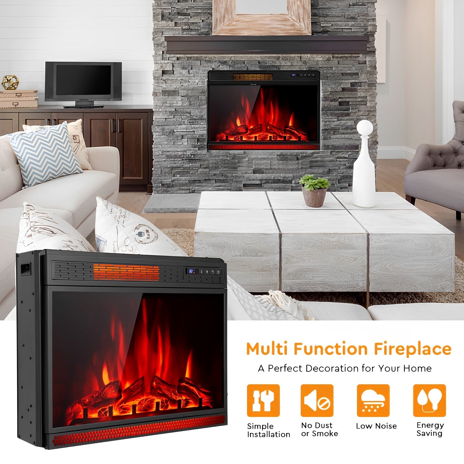 28 Inch Electric Freestanding and Recessed Fireplace with Remote