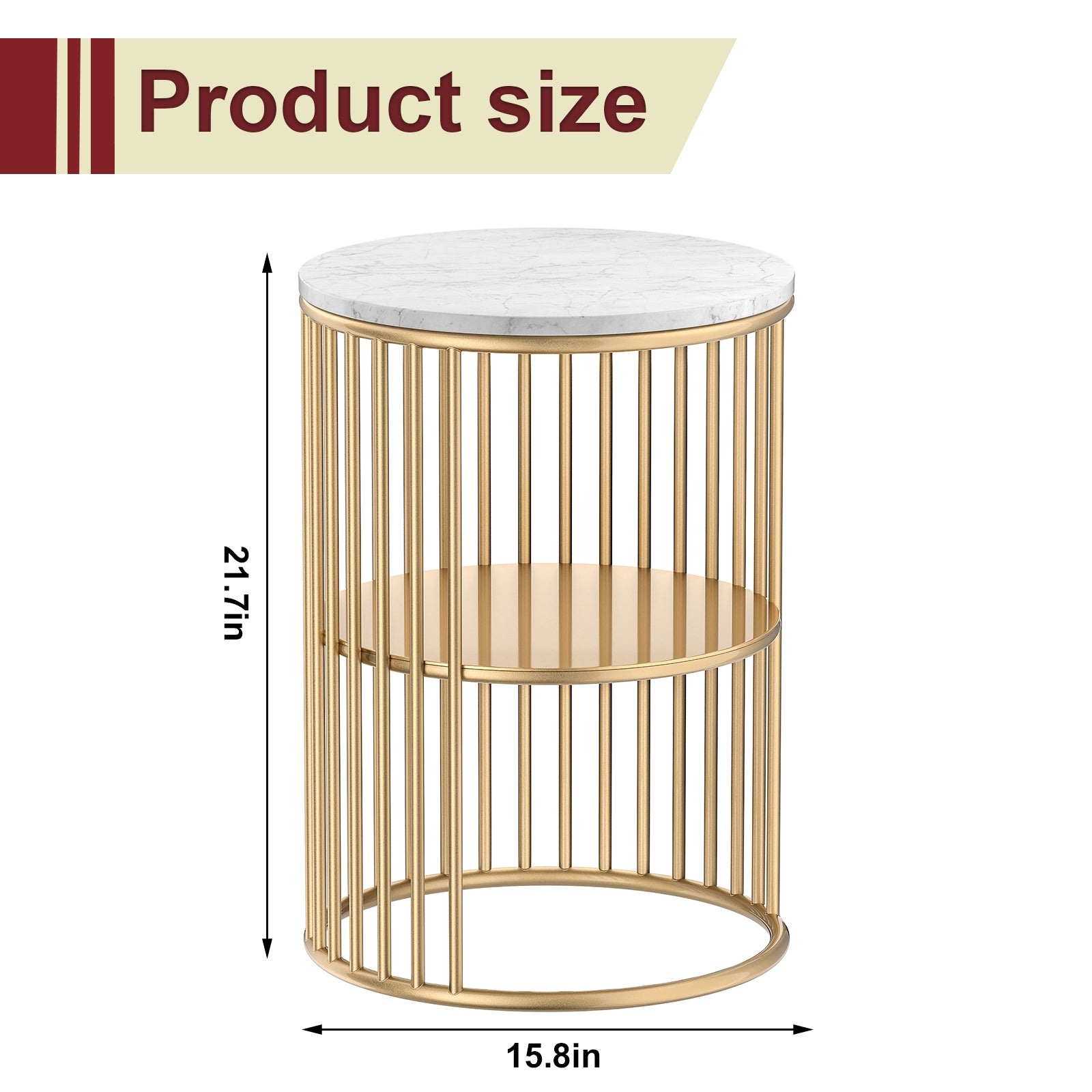 15.8 Inch Marble Top Round Side Table with Golden Metal Frame