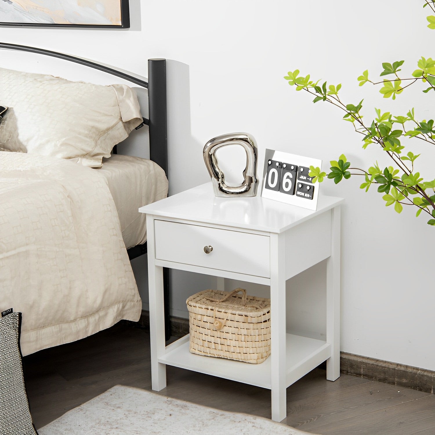 Wooden Storage Shelf Nightstands with Drawer for Bedroom and Living Room-White