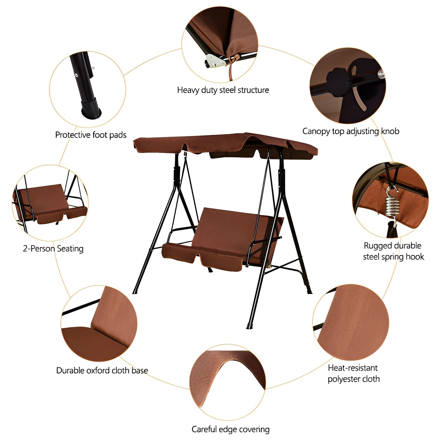 2 Person Weather Resistant Canopy Swing for Porch Garden Backyard Lawn