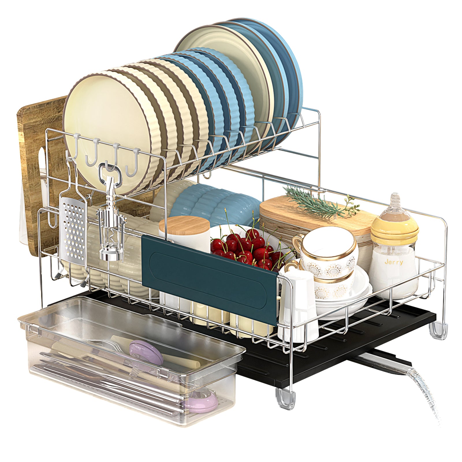 2-Tier Detachable Stainless Steel Dish Drying Rack with Cutlery Box and Cup Holder