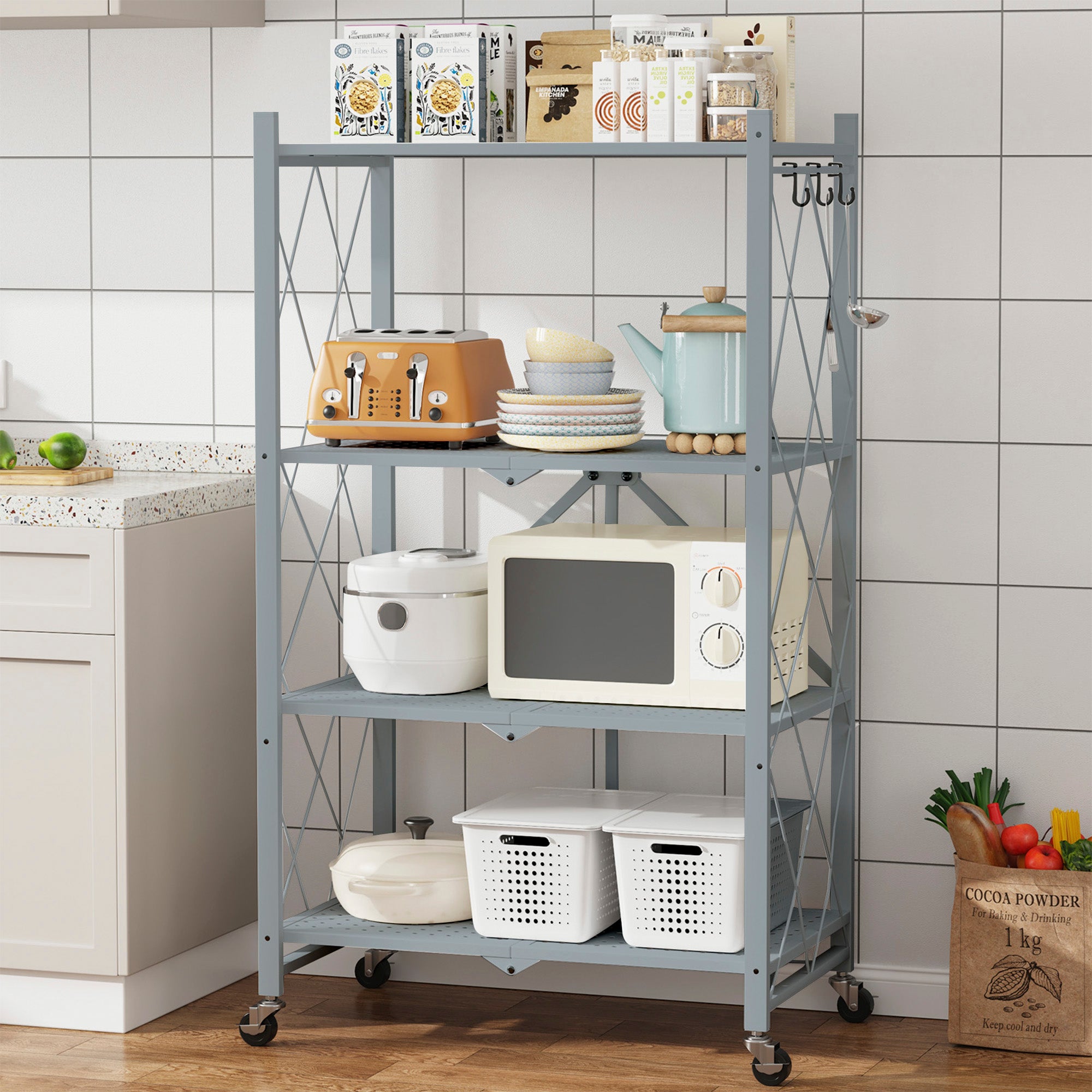 SUGIFT 4-Tier Folding Storage Shelves Metal Folding Shelves with Wheels, 600Lbs Capacity, Grey
