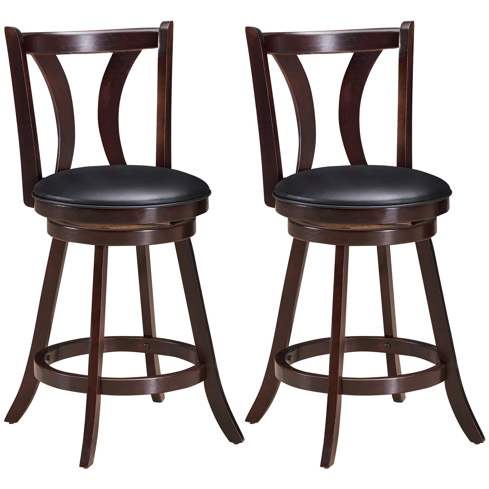 24 Inch Set of 2 Swivel Bar Stools Bar Height Chairs with Rubber Wood Legs