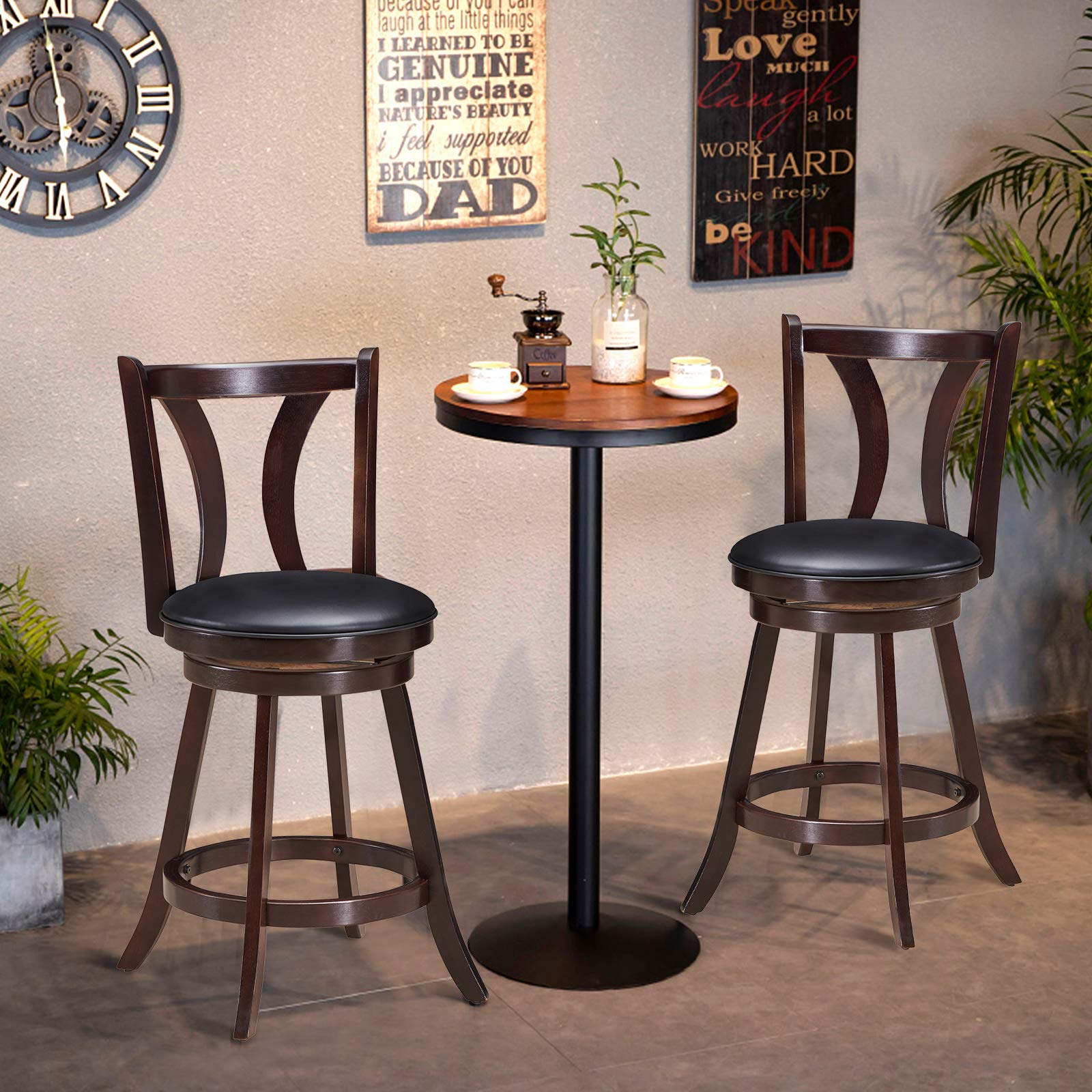 24 Inch Set of 2 Swivel Bar Stools Bar Height Chairs with Rubber Wood Legs