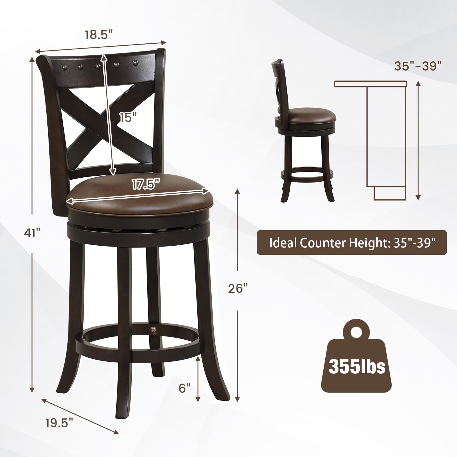 26 Inch Swivel Bar Stool with Curved Backrest PU Leather Seat and Footrest Brown