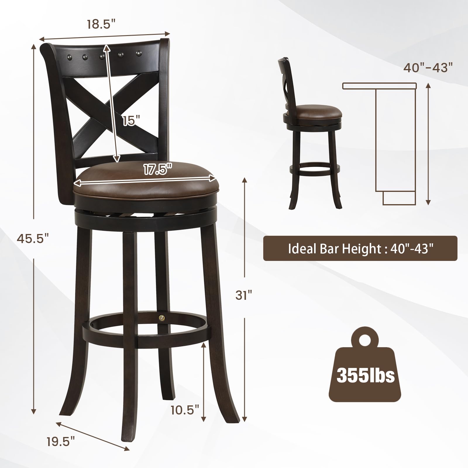 31 Inch Swivel Bar Stool with Curved Backrest PU Leather Seat and Footrest Brown