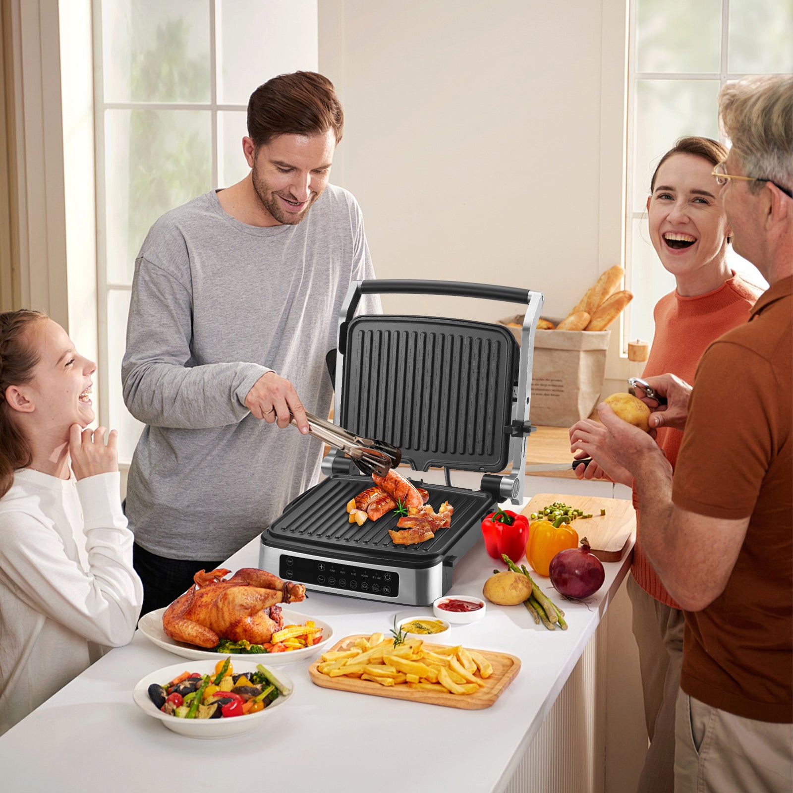 3-in-1 Electric Panini Press Grill with LED Display and 5 Auto Modes for Indoor & Outdoor