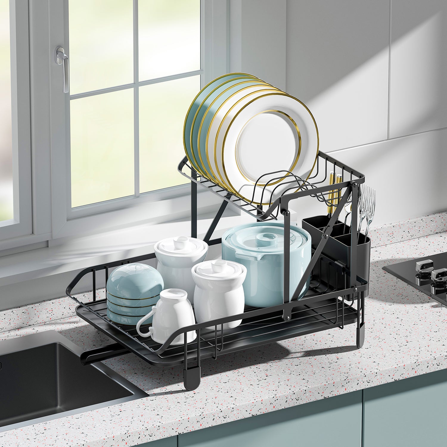 2-Tier Collapsible Rust-proof Dish Rack with Removable Drip Tray