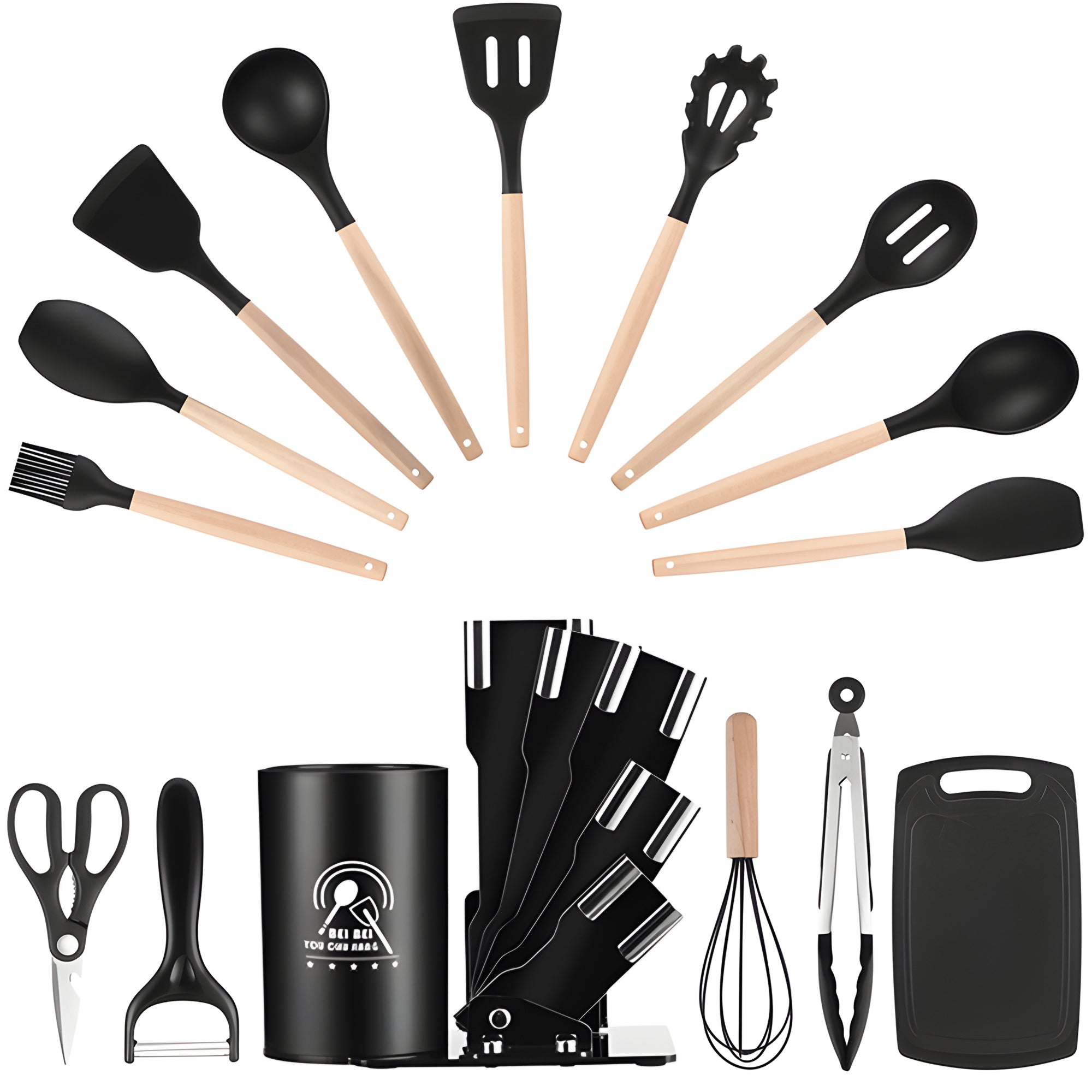 SUGIFT 20-Piece Silicone Kitchen Utensils Set and Knives Set with Block