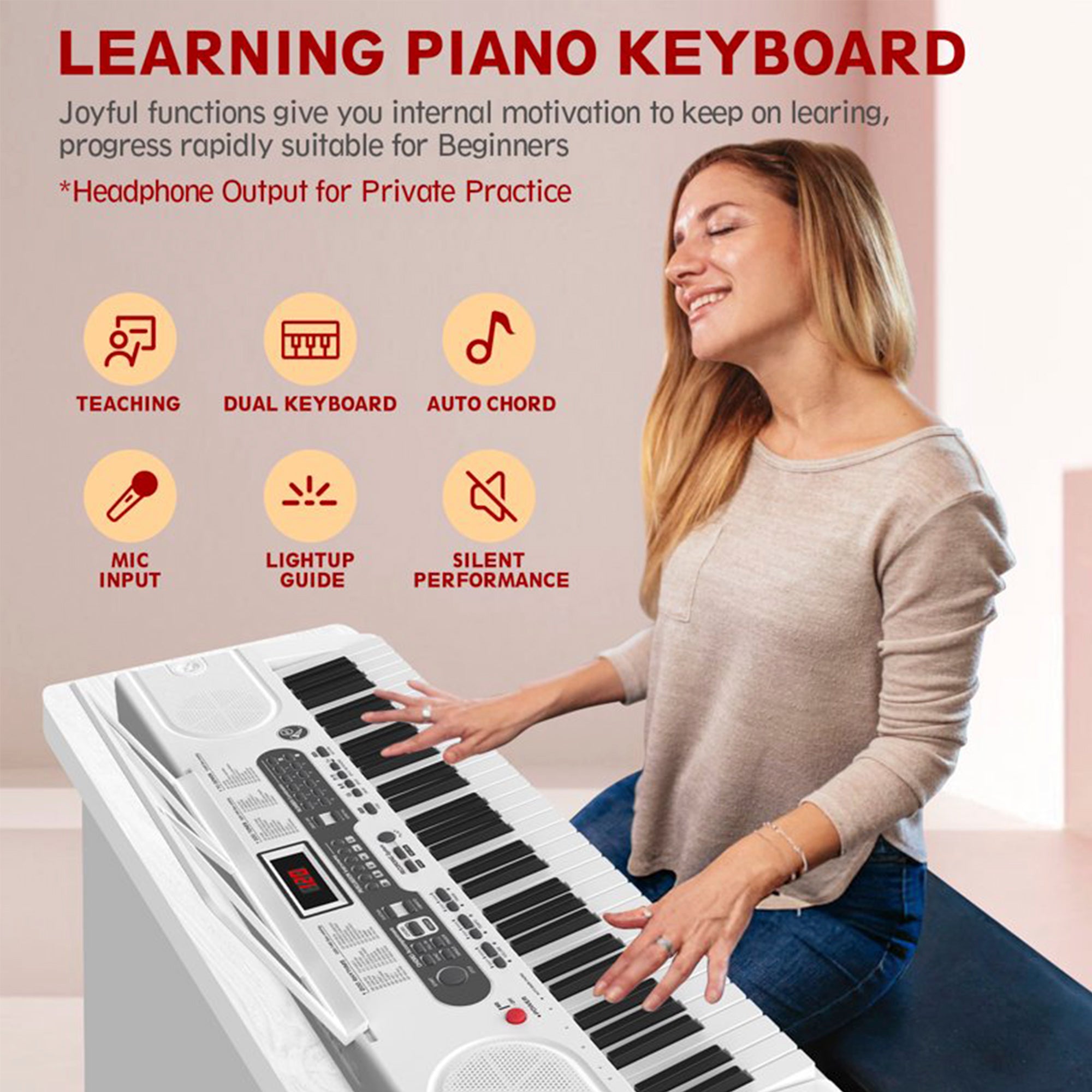 White 61 Keys Keyboard Piano, Electric Digital Piano Set with Stand, Bench, Headphones, Built-in Speakers