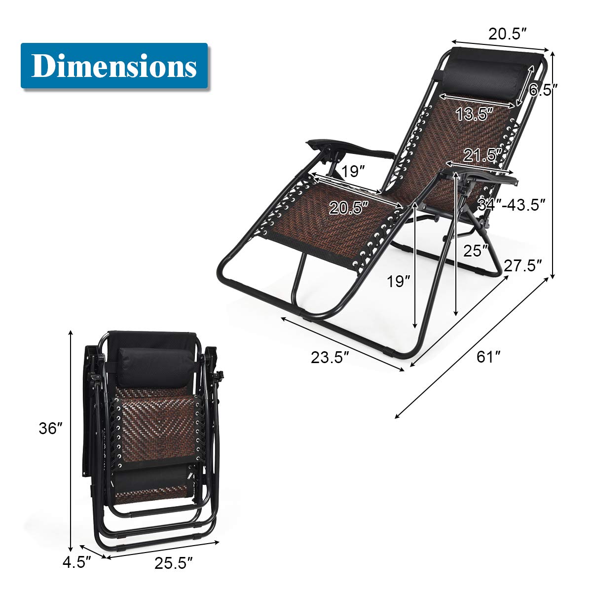 SUGIFT 2 Pieces Folding Patio Rattan Zero Gravity Lounge Chair