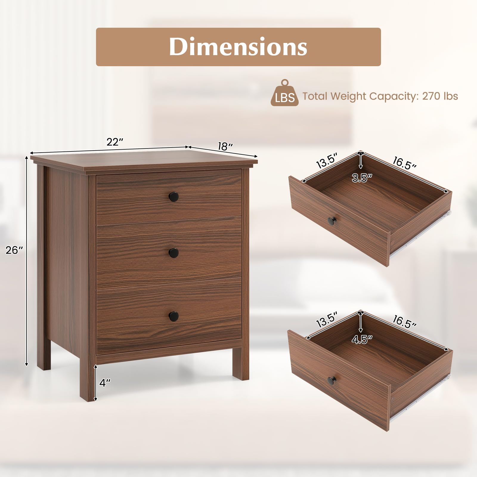 3-Drawer Nightstand with Wooden Finish for Bedroom
