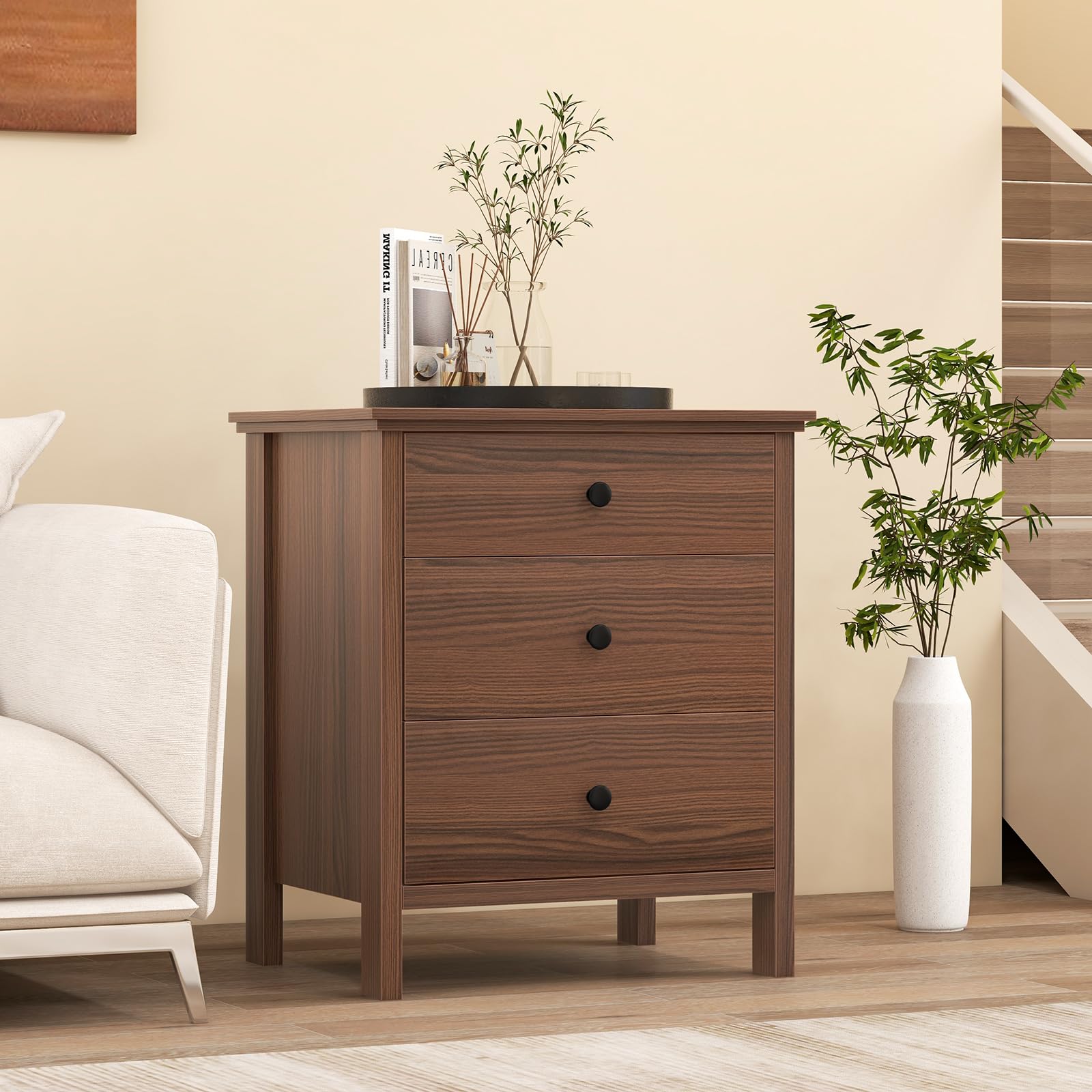 3-Drawer Nightstand with Wooden Finish for Bedroom