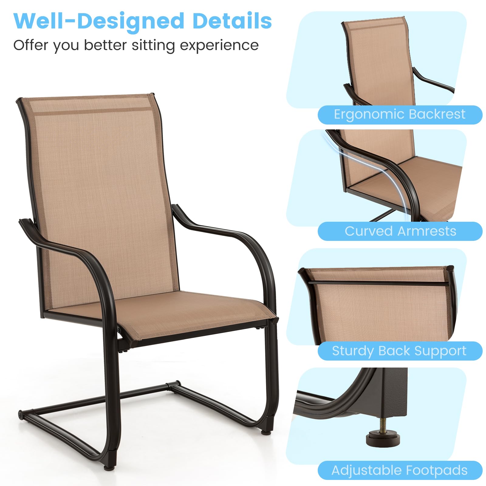 SUGIFT 2 Pieces C-Spring Motion Patio Dining Chairs with Breathable Fabric
