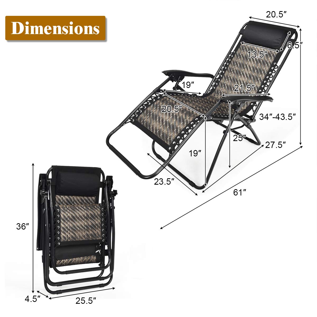 SUGIFT 2 Pieces Folding Patio Rattan Zero Gravity Lounge Chair