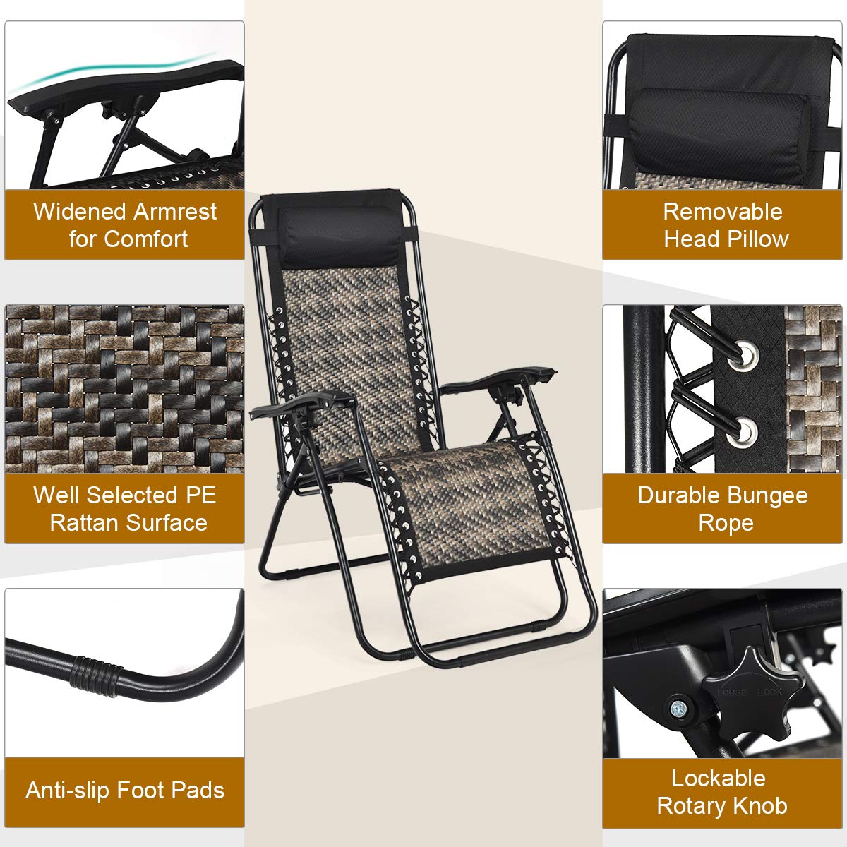 SUGIFT 2 Pieces Folding Patio Rattan Zero Gravity Lounge Chair