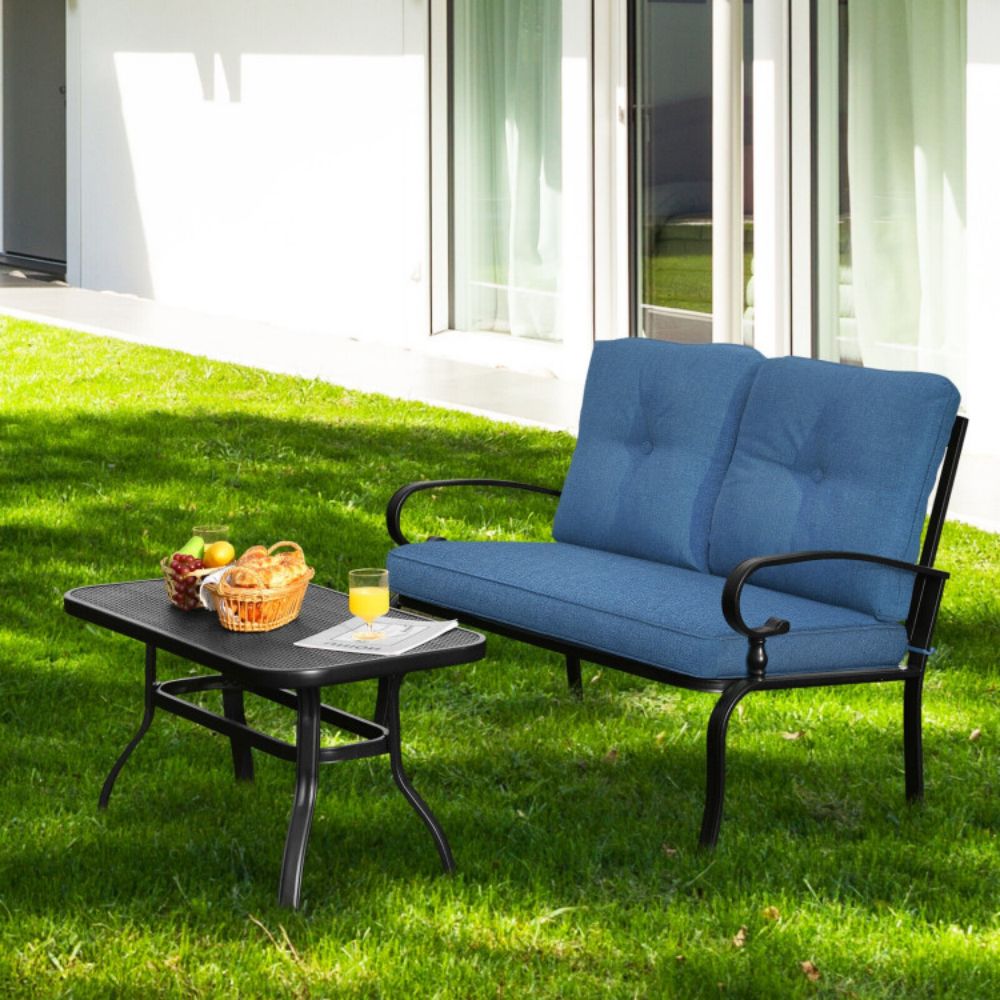 2 Pieces Patio Loveseat Bench Table Furniture Set with Cushioned Chair