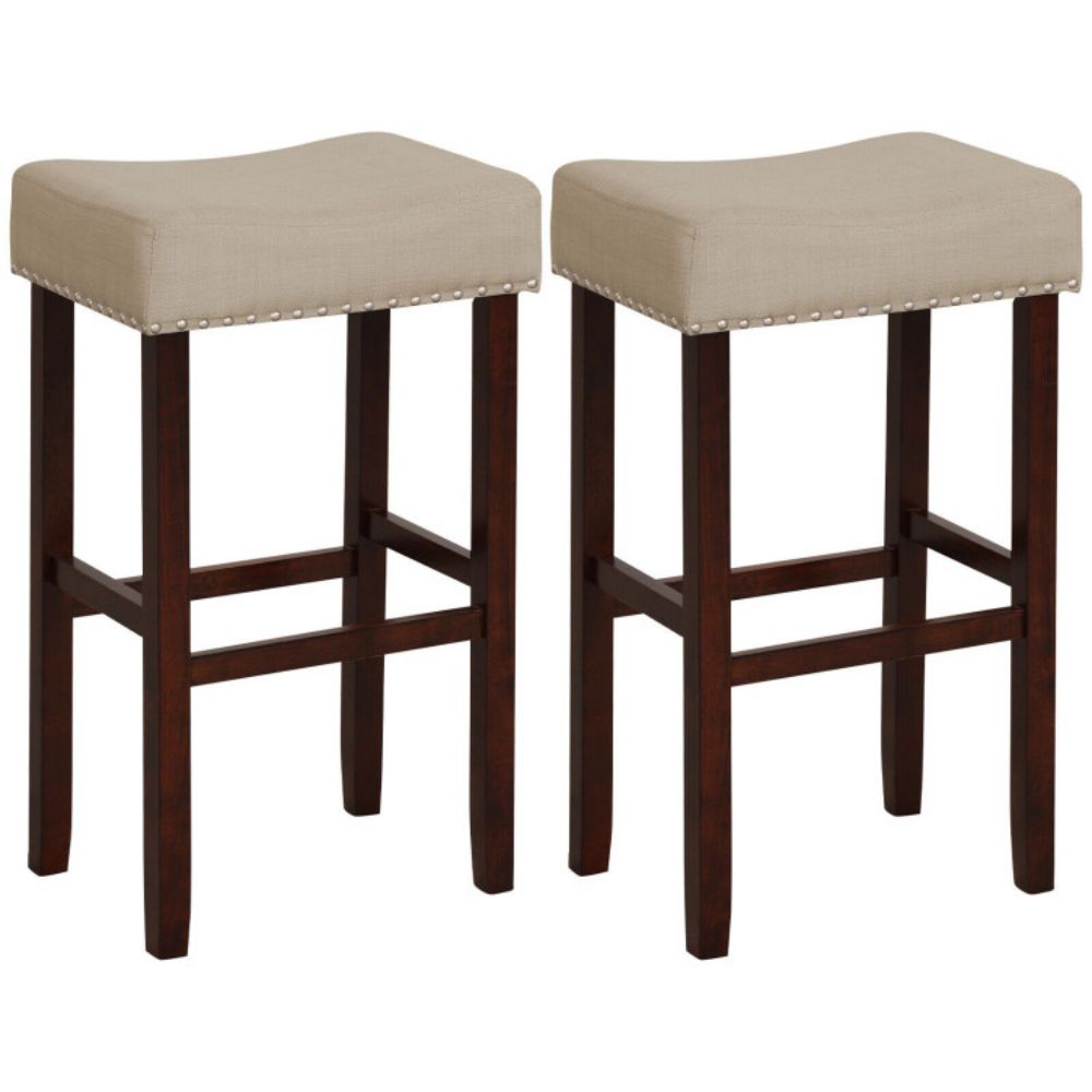 2 Set of 29 Inch Height Upholstered Bar Stool with Solid Rubber Wood Legs and Footrest