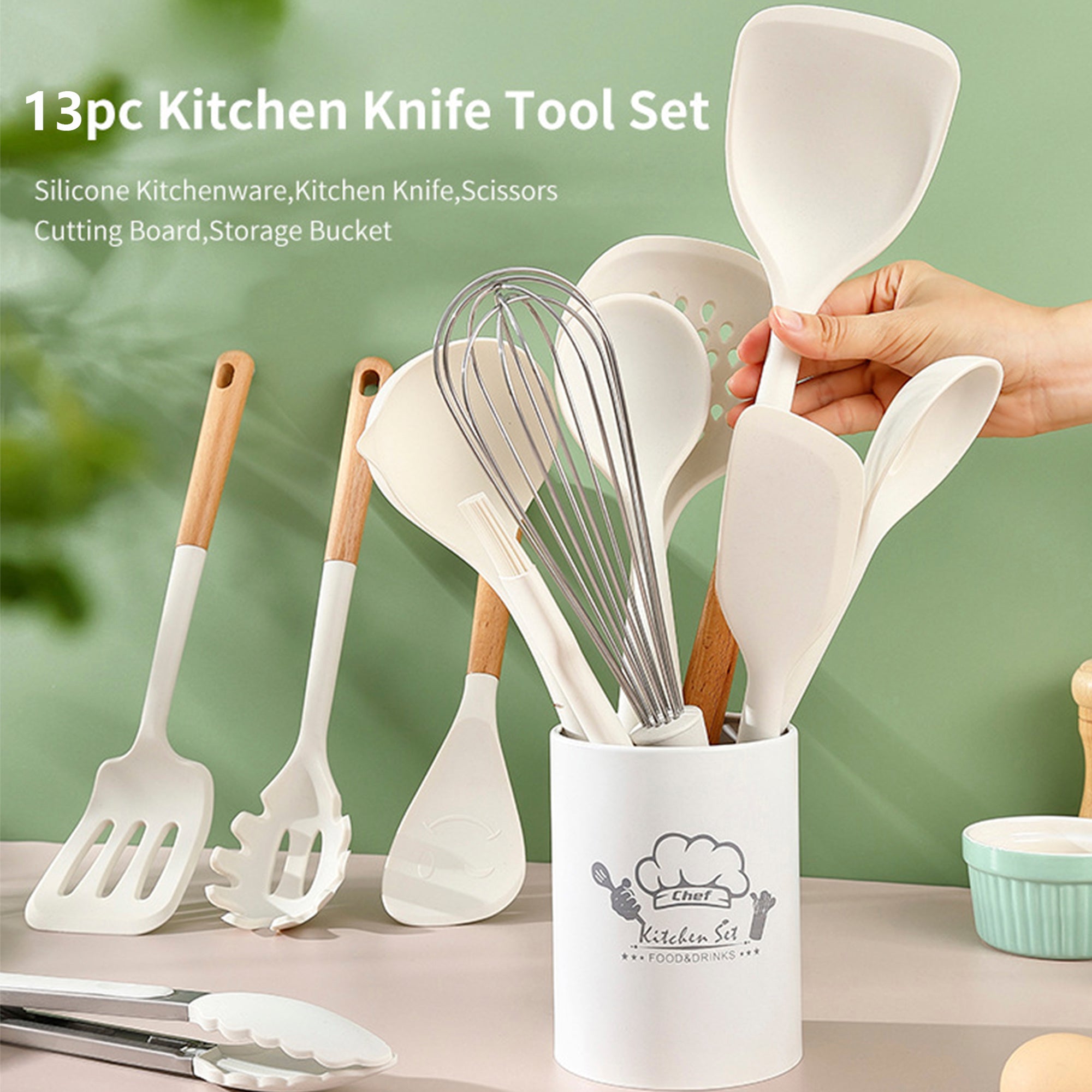 SUGIFT 13-Piece Silicone Kitchen Utensils with Wooden Handles Set