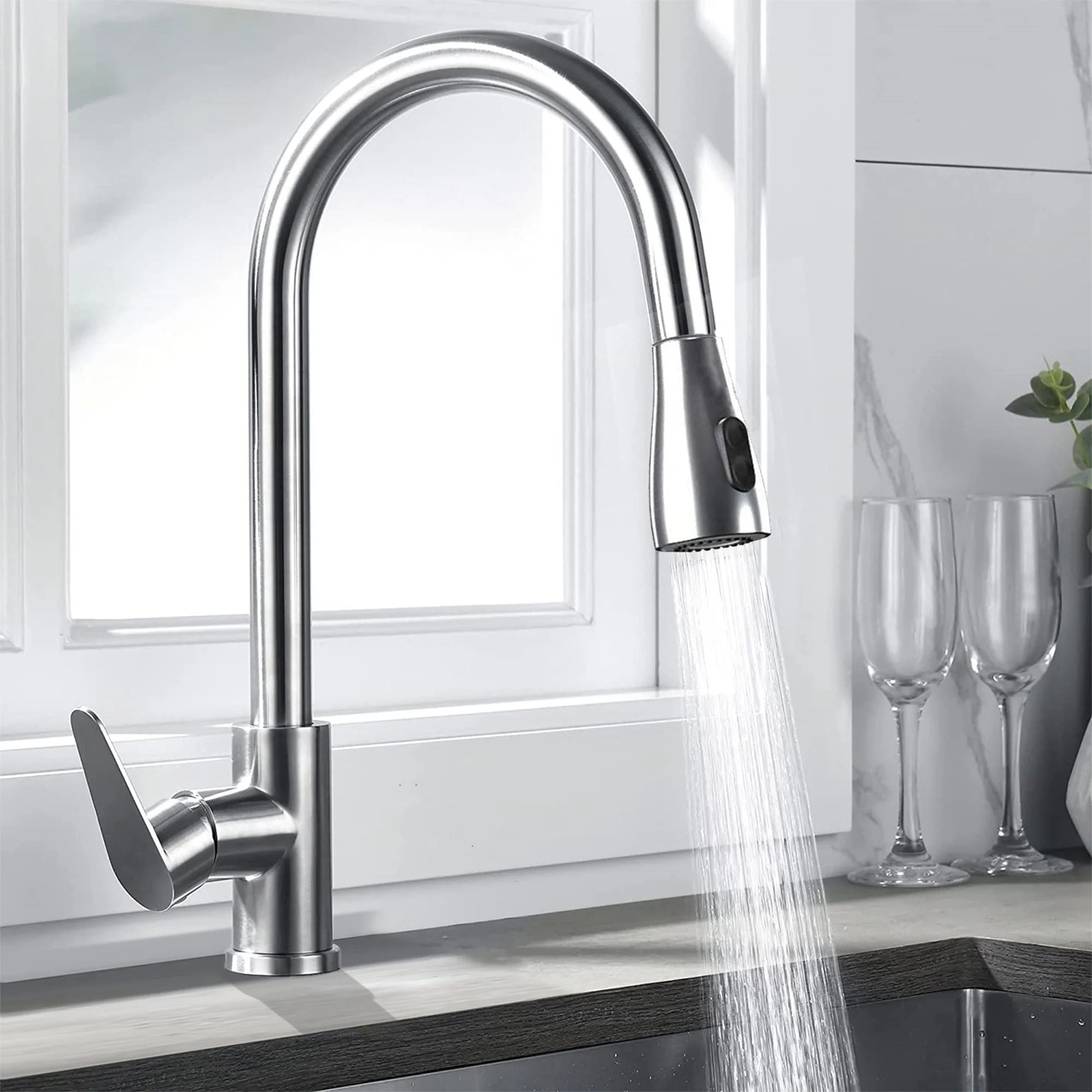 1.8 GPM Brushed Nickel Kitchen Faucet with Pull Down Sprayer, High Arc Single Handle Stainless Steel Sink Faucets 1 or 3 Hole