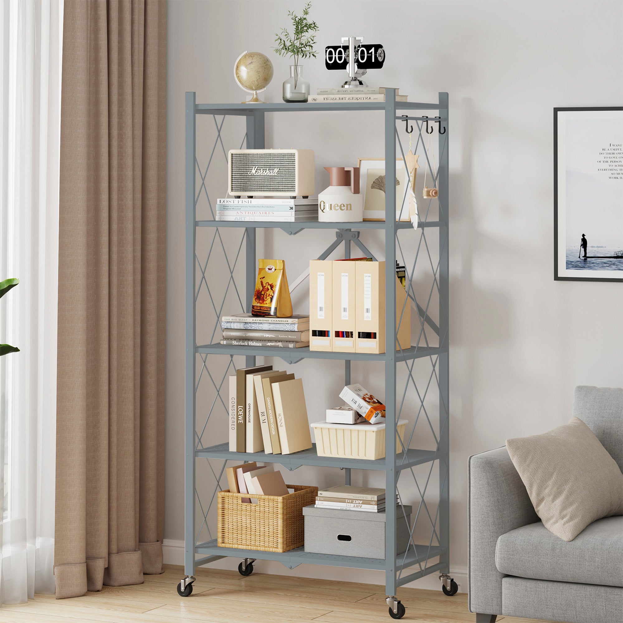 SUGIFT 5-Tier Folding Storage Shelves Metal Folding Shelves with Wheels, 750Lbs Capacity, Grey
